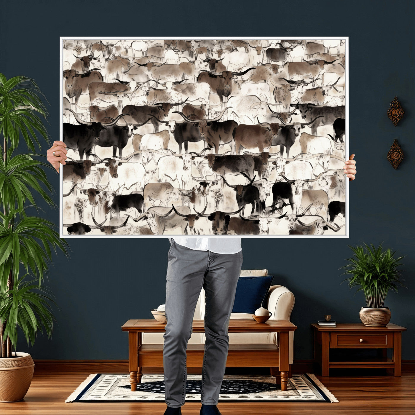 46084312-MGV-CV-36X24 - Farmhouse Animals Wall Art Canvas Print - Abstract Farm Animal Drawing Mid-Century Wall Art for Cabin Decor