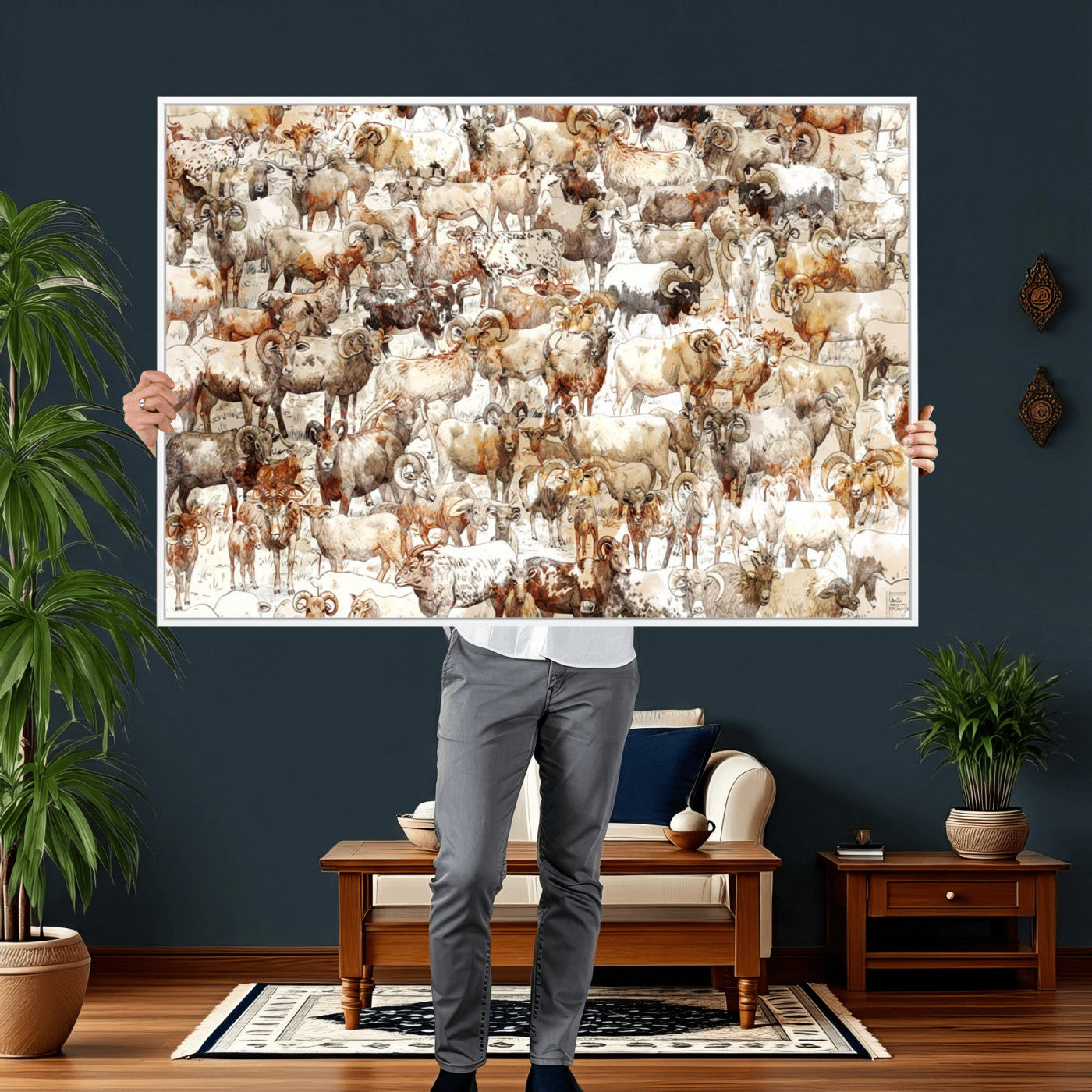 95103864-MGV-CV-36X24 - Farmhouse Animals Wall Art Canvas Print - Abstract Farm Animal Drawing Mid-Century Wall Art for Cabin Decor