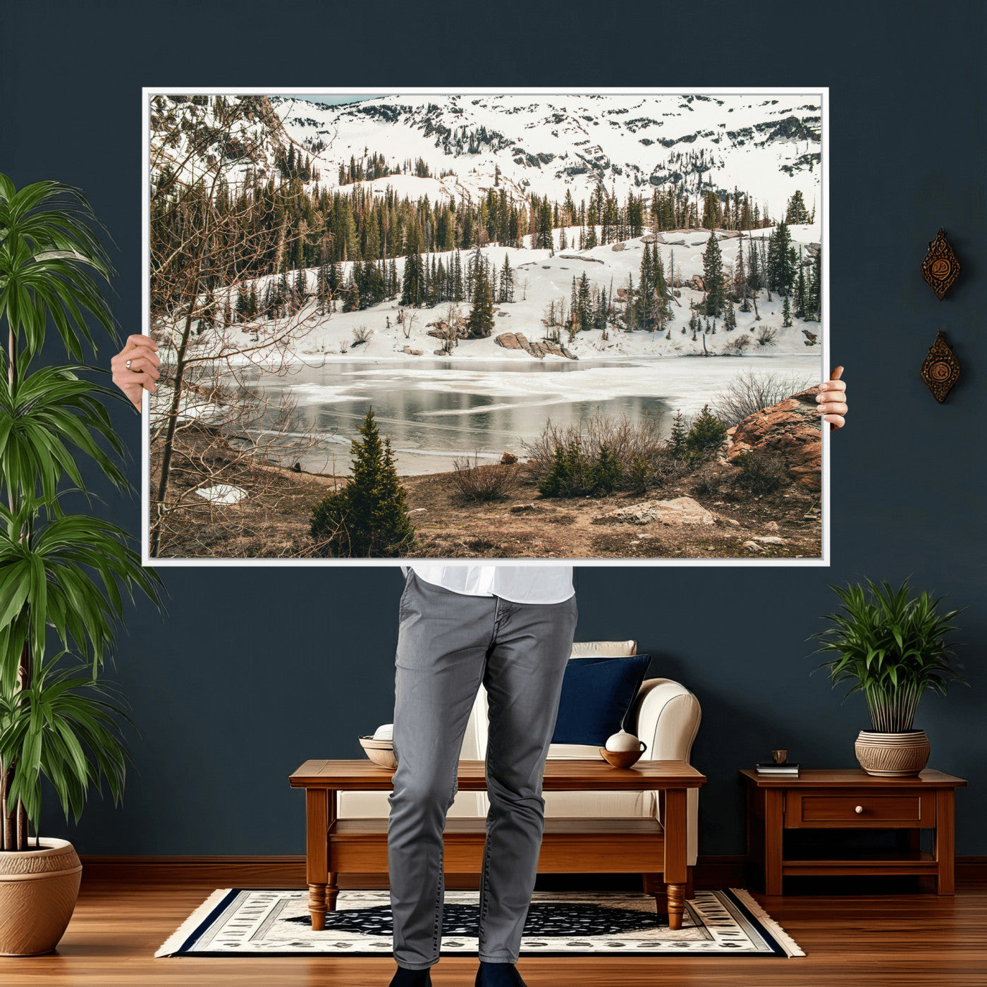 10336249-MGV-CV-36X24 - Snowy Mountain Landscape Wall Art Canvas Print, Alpine Pine Forest Winter Nature Wall Decor for Living Room and Office