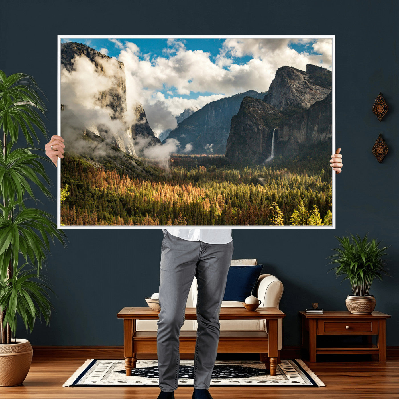 18271001-MGV-CV-36X24 - Yosemite Valley River Landscape Wall Art Canvas Print, Granite Cliffs Forest River Canvas Print, California National Park Moody Scenic Art Printi