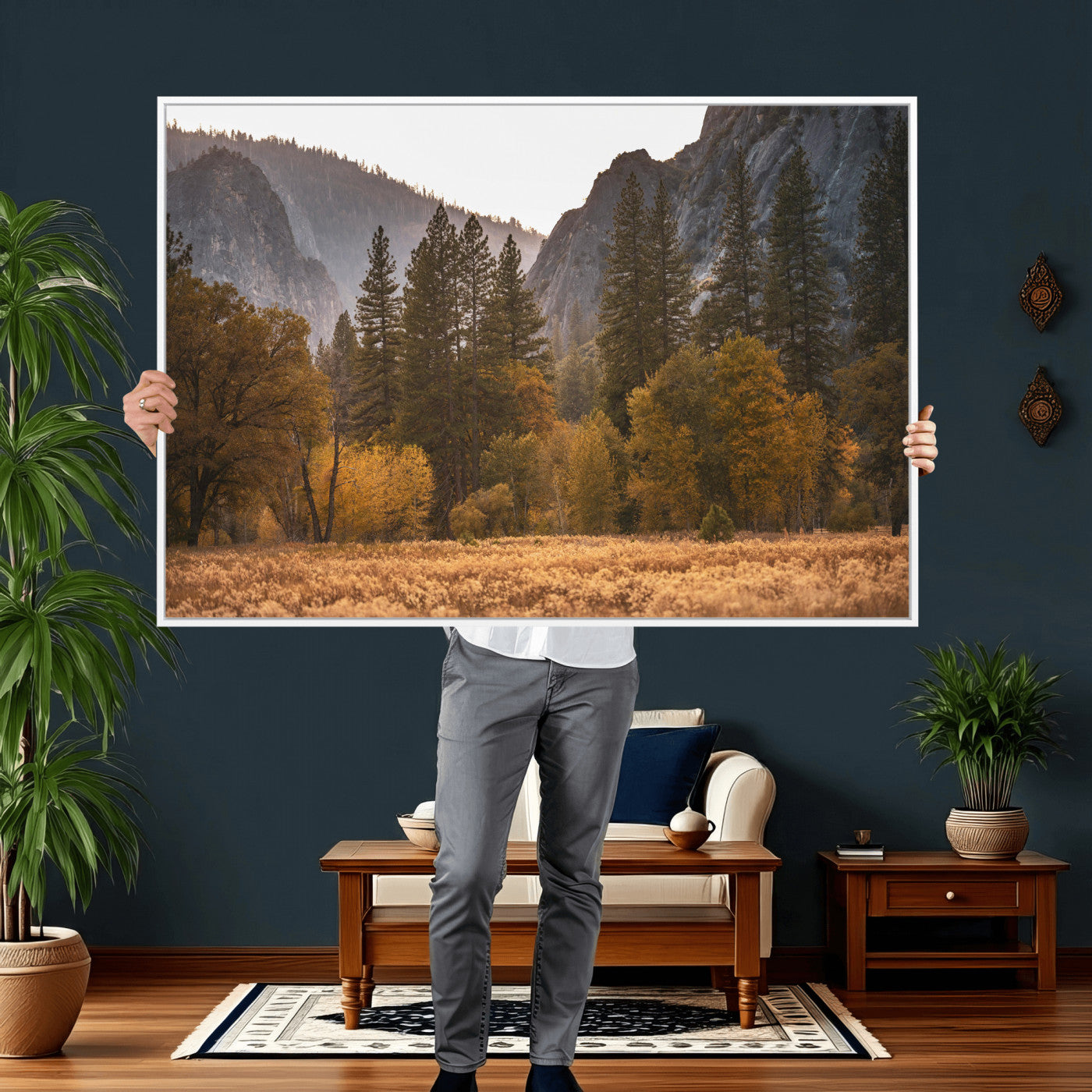 61682763-MGV-CV-36X24 - Yosemite Valley Autumn Forest Landscape Wall Art Canvas Print, Granite Mountain Pine Trees Canvas Print, California National Park Fall Scenic Art Printing