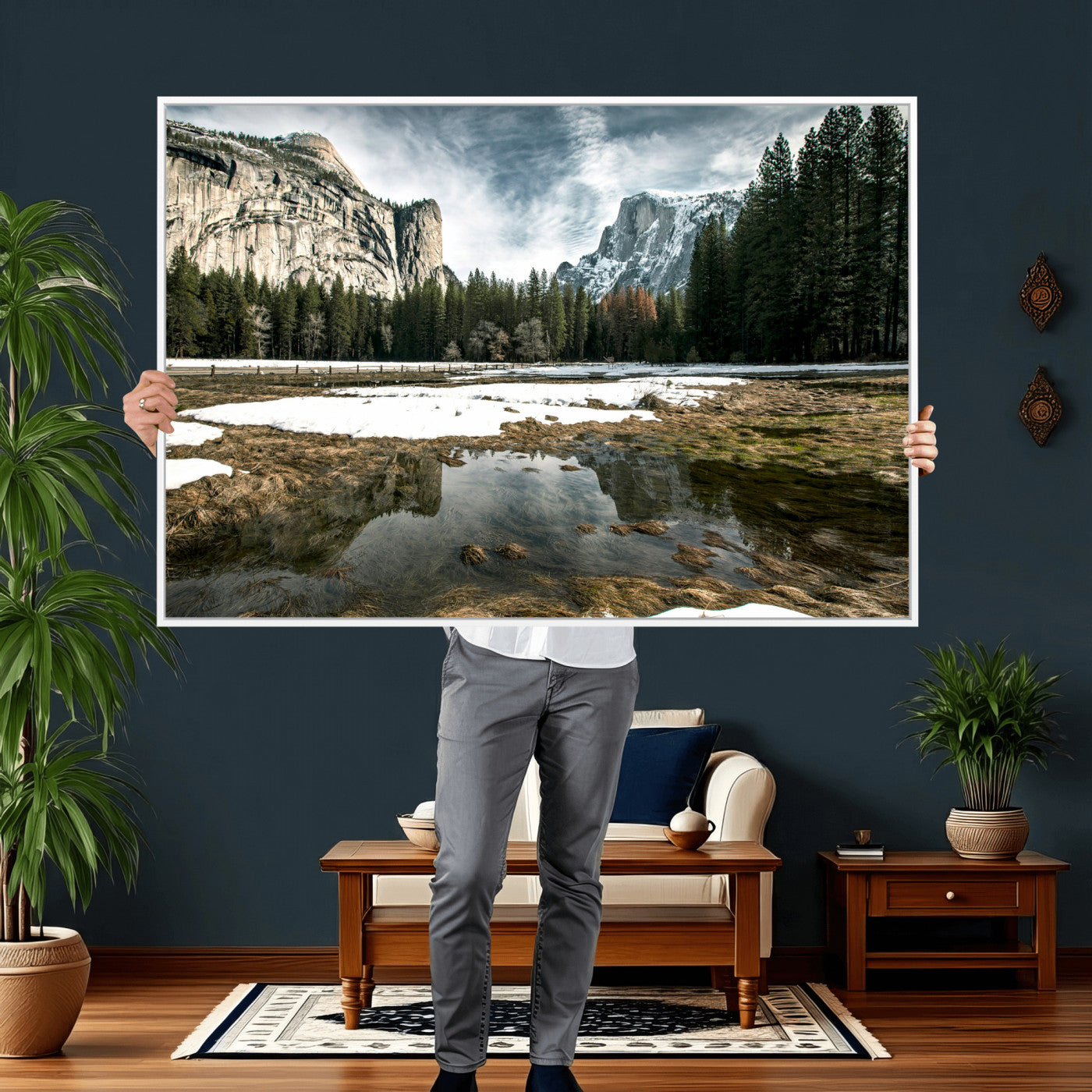 14527348-MGV-CV-36X24 - Yosemite Valley Mountain Landscape Wall Art Canvas Print, Granite Cliff Forest Valley Canvas Print, California National Park Scenic Art Printing