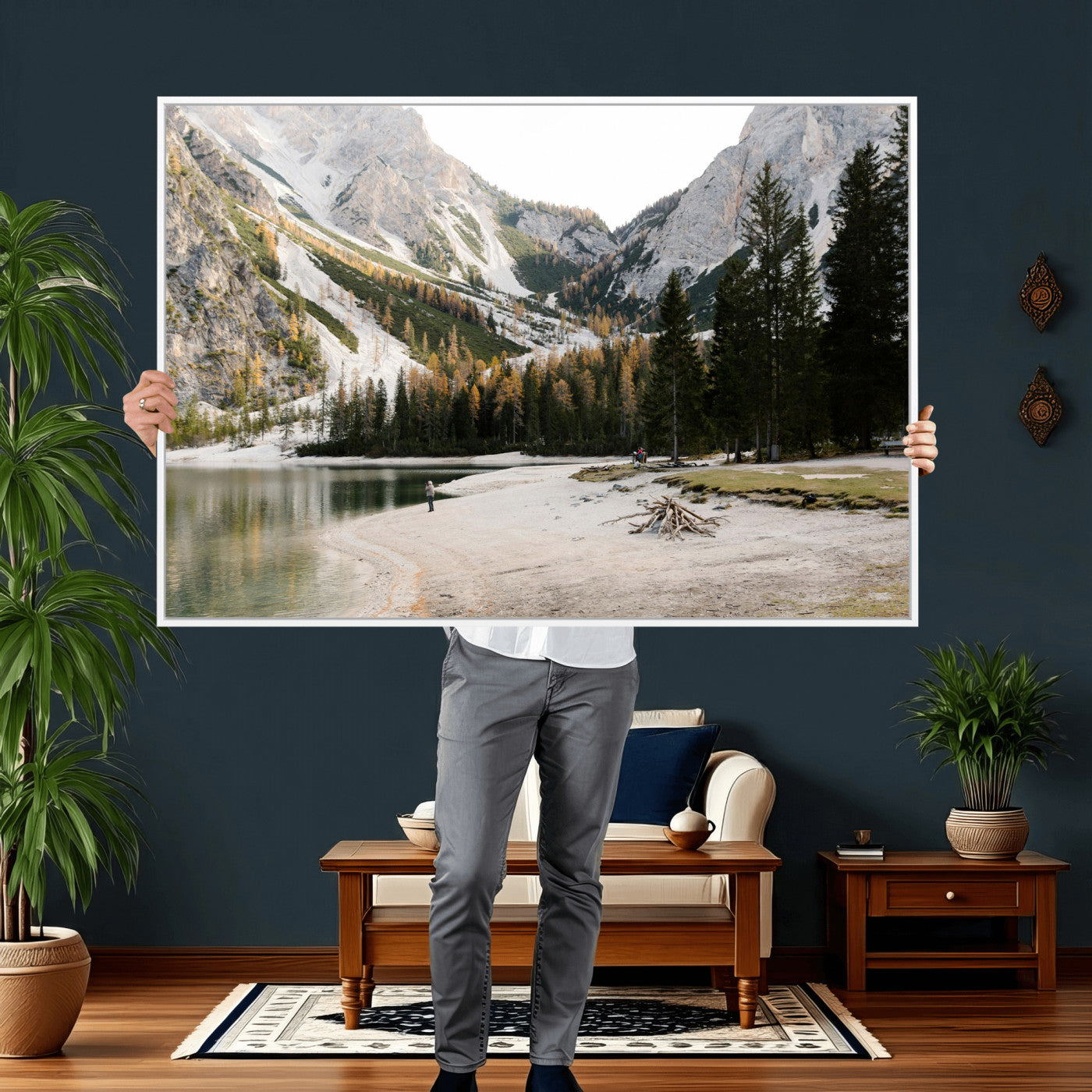 89246758-MGV-CV-36X24 - Lake Braies Alpine Landscape Wall Art Canvas Print, Dolomites Mountain Lake Forest Canvas Print, Italian Alps Scenic Nature Art Printing