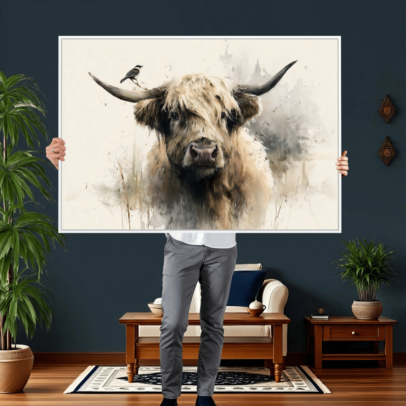 98249290-MGV-CV-36X24 - Abstract Highland Cow Watercolor Animal Wall Art Canvas Print, Rustic Farm Cattle Portrait Canvas Print, Neutral Wildlife Farmhouse Art Printing