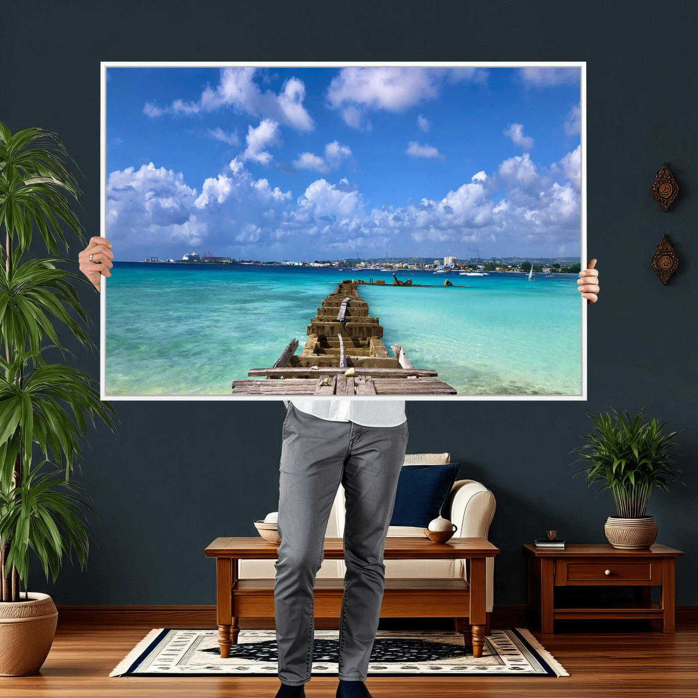 43165024-MGV-CV-36X24 - Caribbean Ocean Pier Seascape Wall Art Canvas Print, Turquoise Sea Tropical Harbor Canvas Print, Island Coastal Blue Water Scenic Art Printing