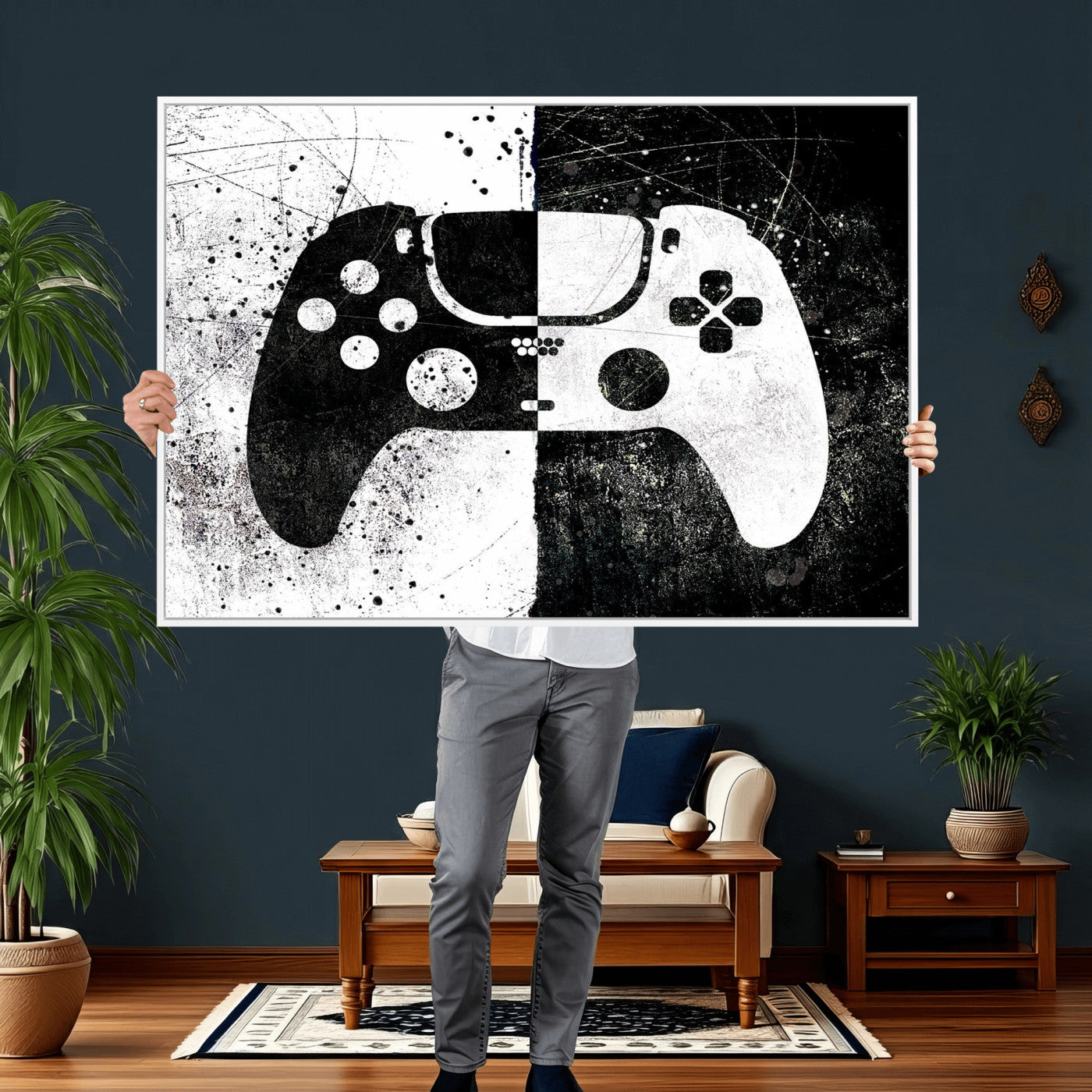 17525128-MGV-CV-36X24 - Abstract Gaming Controller Wall Art Canvas Print, Black White Video Game Controller Modern Canvas Print, Minimal Gamer Graphic Art Printing