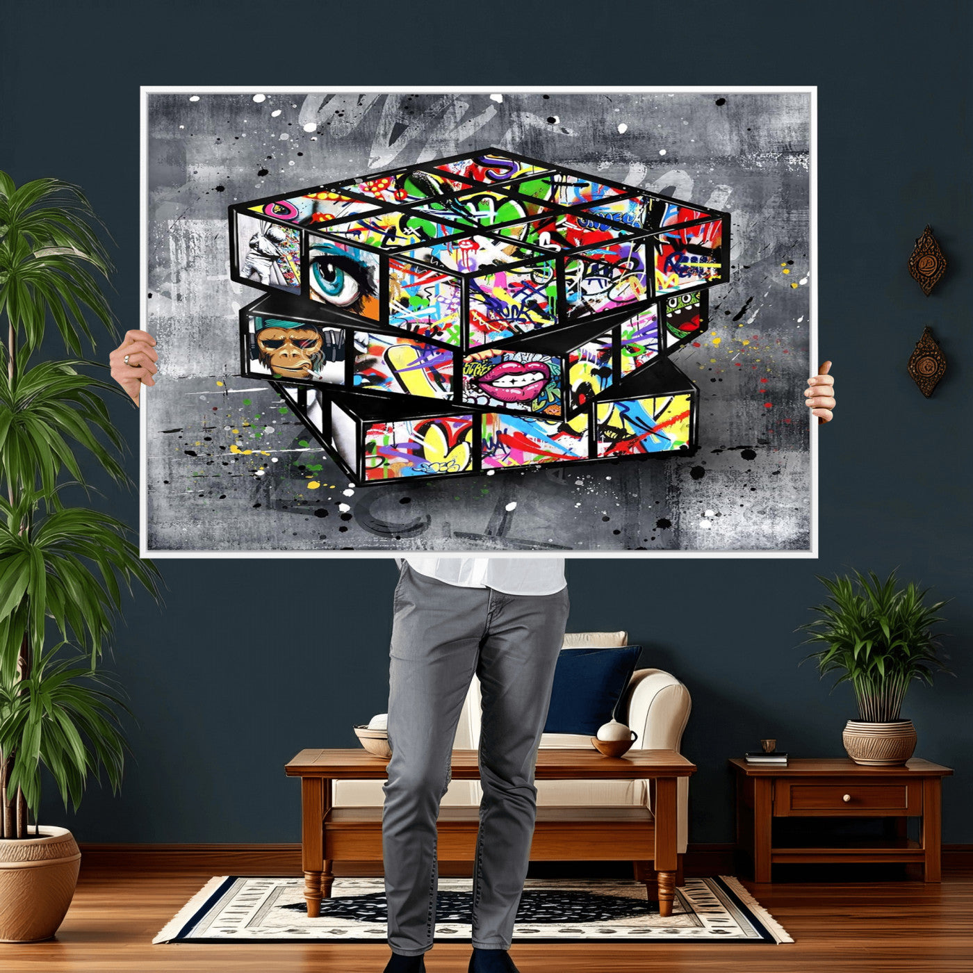 46789556-MGV-CV-36X24 - Graffiti Cube Abstract Street Art Wall Art Canvas Print, Colorful Urban Pop Art Geometric Canvas Print, Modern Street Art Contemporary Art Printing