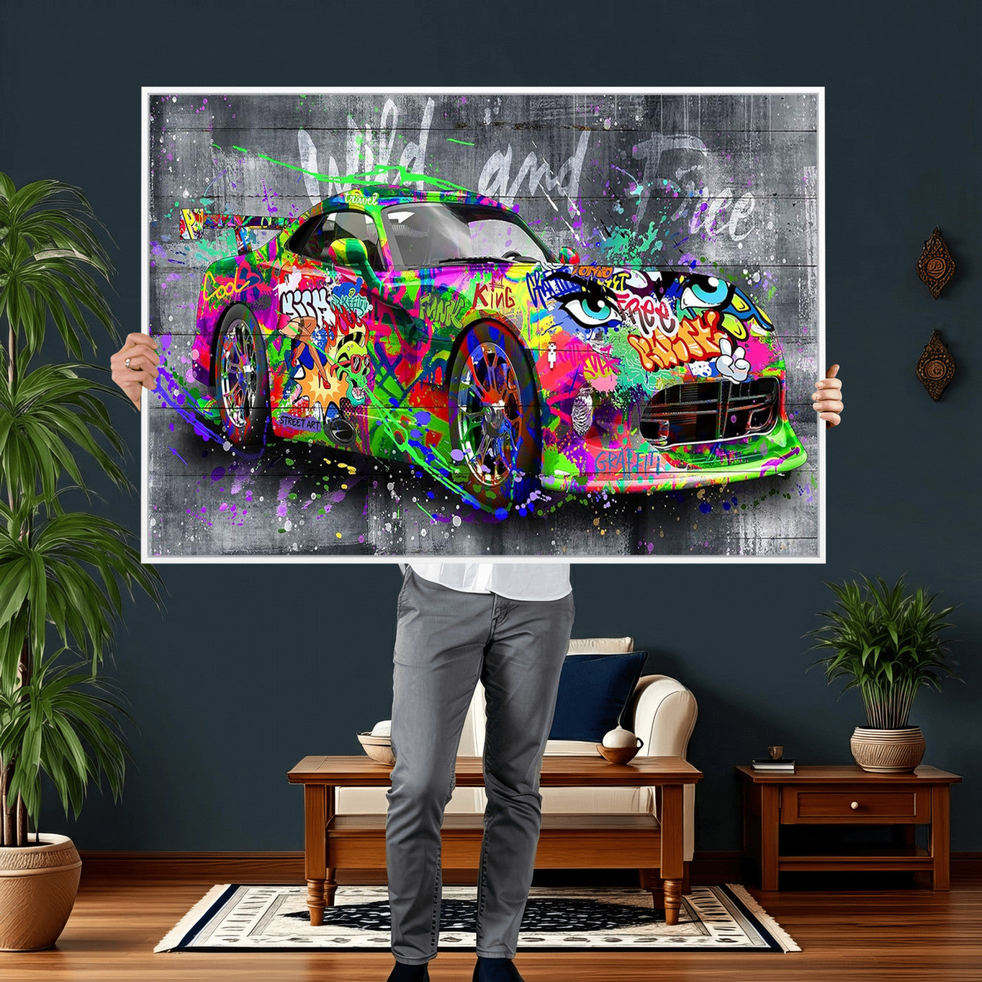 95314968-MGV-CV-36X24 - Graffiti Sports Car Street Art Wall Art Canvas Print, Colorful Urban Supercar Pop Art Canvas Print, Modern Graffiti Car Contemporary Art Printing