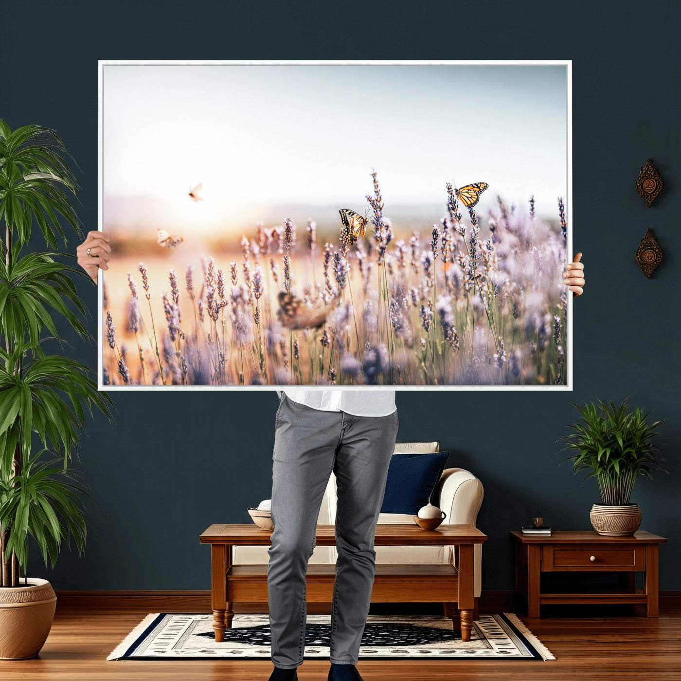 46417478-MGV-CV-36X24 - Lavender Field Wall Art Canvas Print, Butterfly Floral Landscape Art, Soft Nature Wall Decor for Bedroom