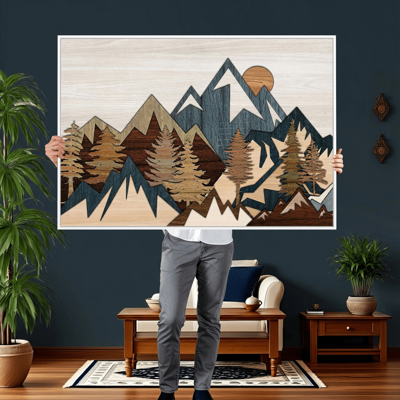 61833055-MGV-CV-36X24 - Mountain Forest Wall Art Canvas Print, Layered Wood Landscape Artwork, Rustic Nature Wall Decor for Living Room