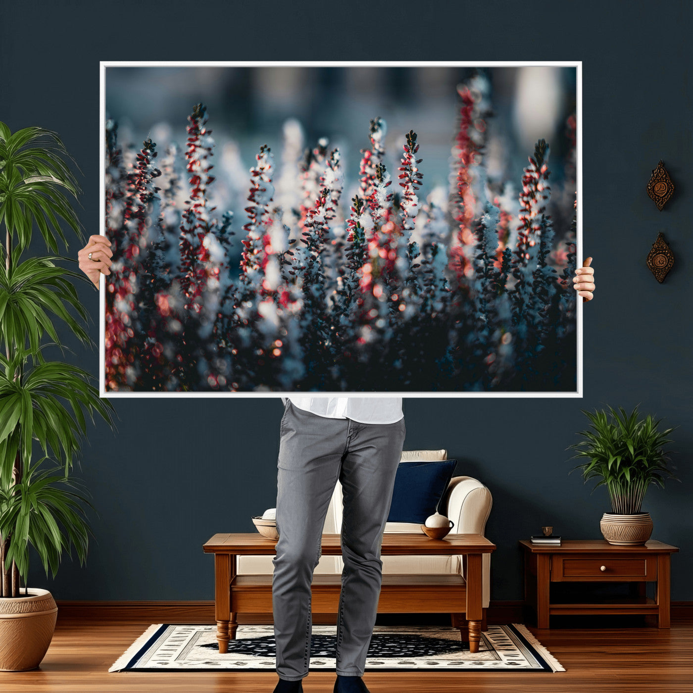 82063935-MGV-CV-36X24 - Winter Heather Wall Art Canvas Print, Frosted Floral Nature Art, Moody Botanical Wall Decor