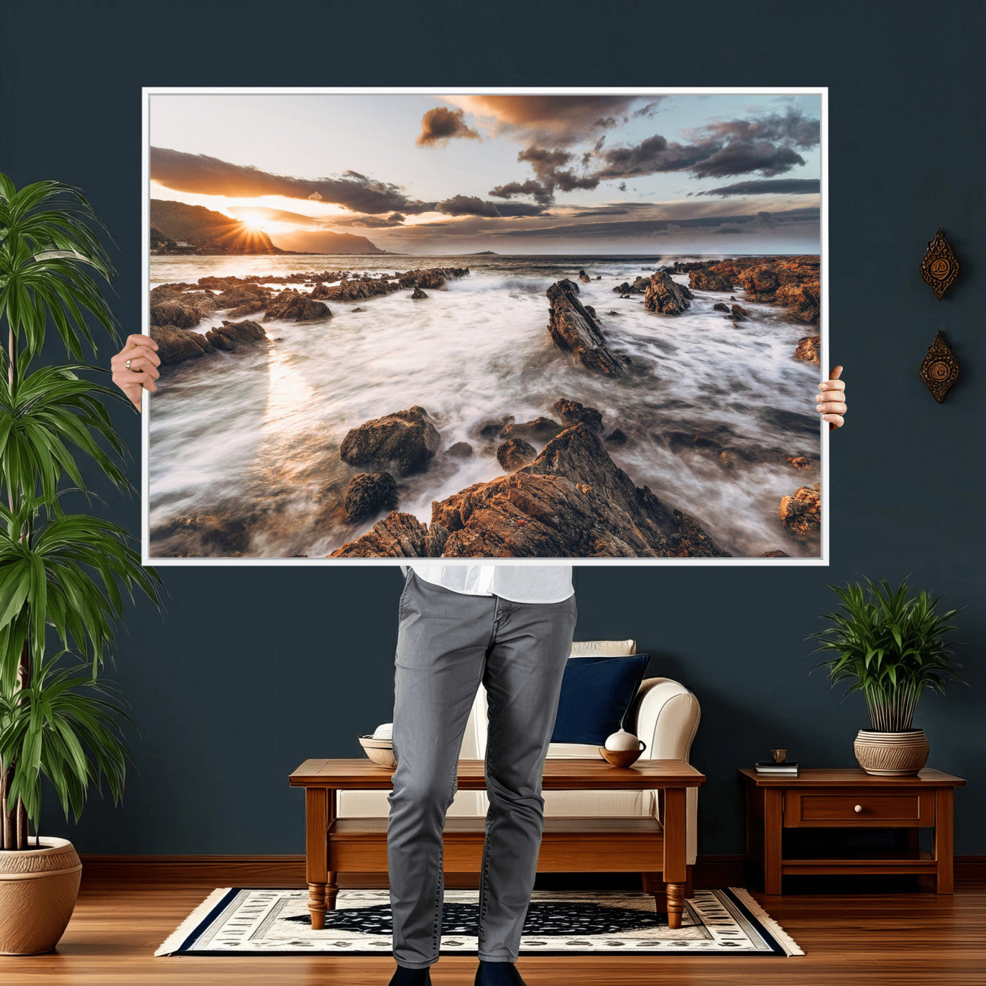 66746024-MGV-CV-36X24 - Rocky Coast Ocean Sunset Wall Art Canvas Print, Dramatic Seascape Nature Wall Decor for Living Room and Office