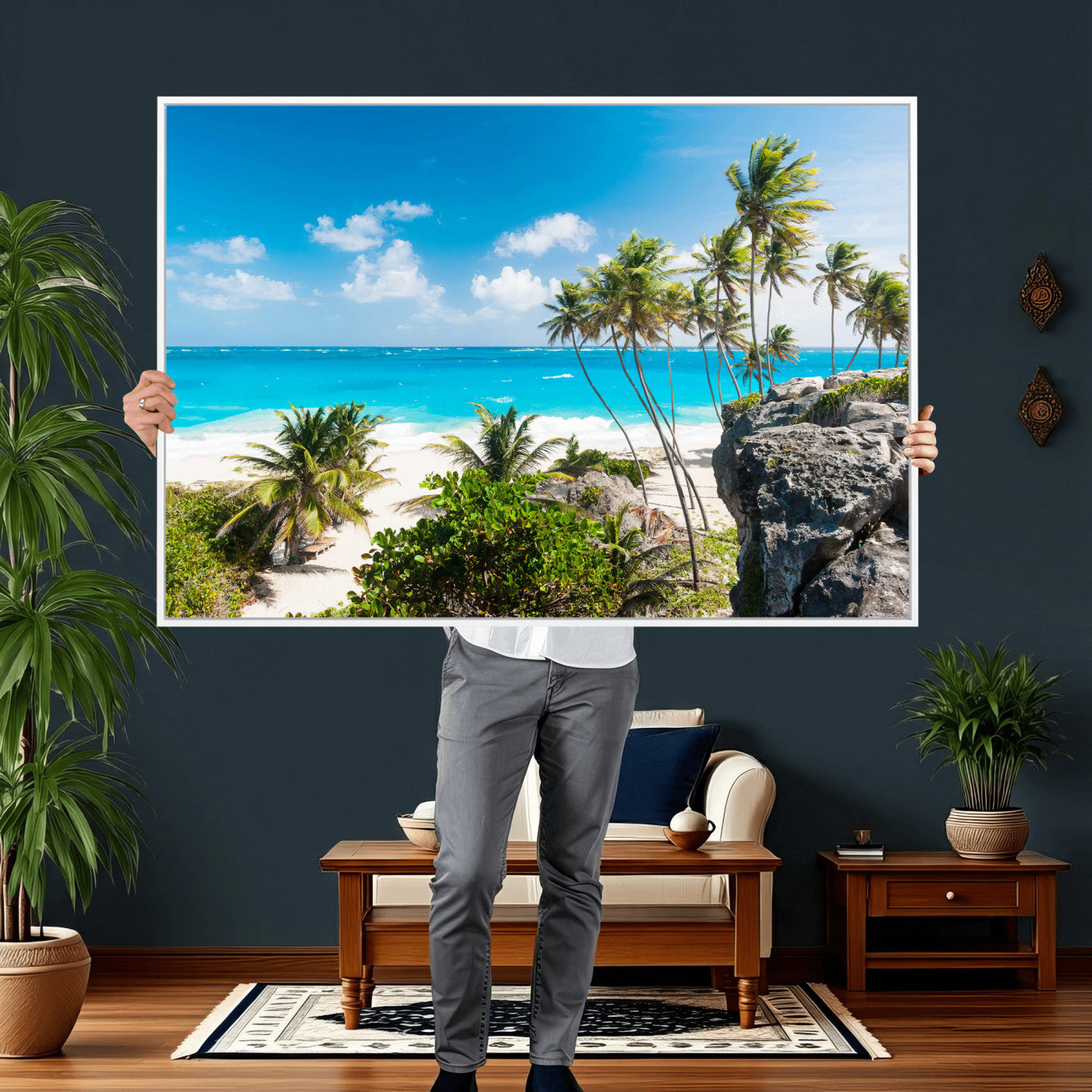 98605610-MGV-CV-36X24 - Tropical Beach Wall Art Canvas Print, Palm Tree Ocean Landscape Photography, Caribbean Coastal Artwork