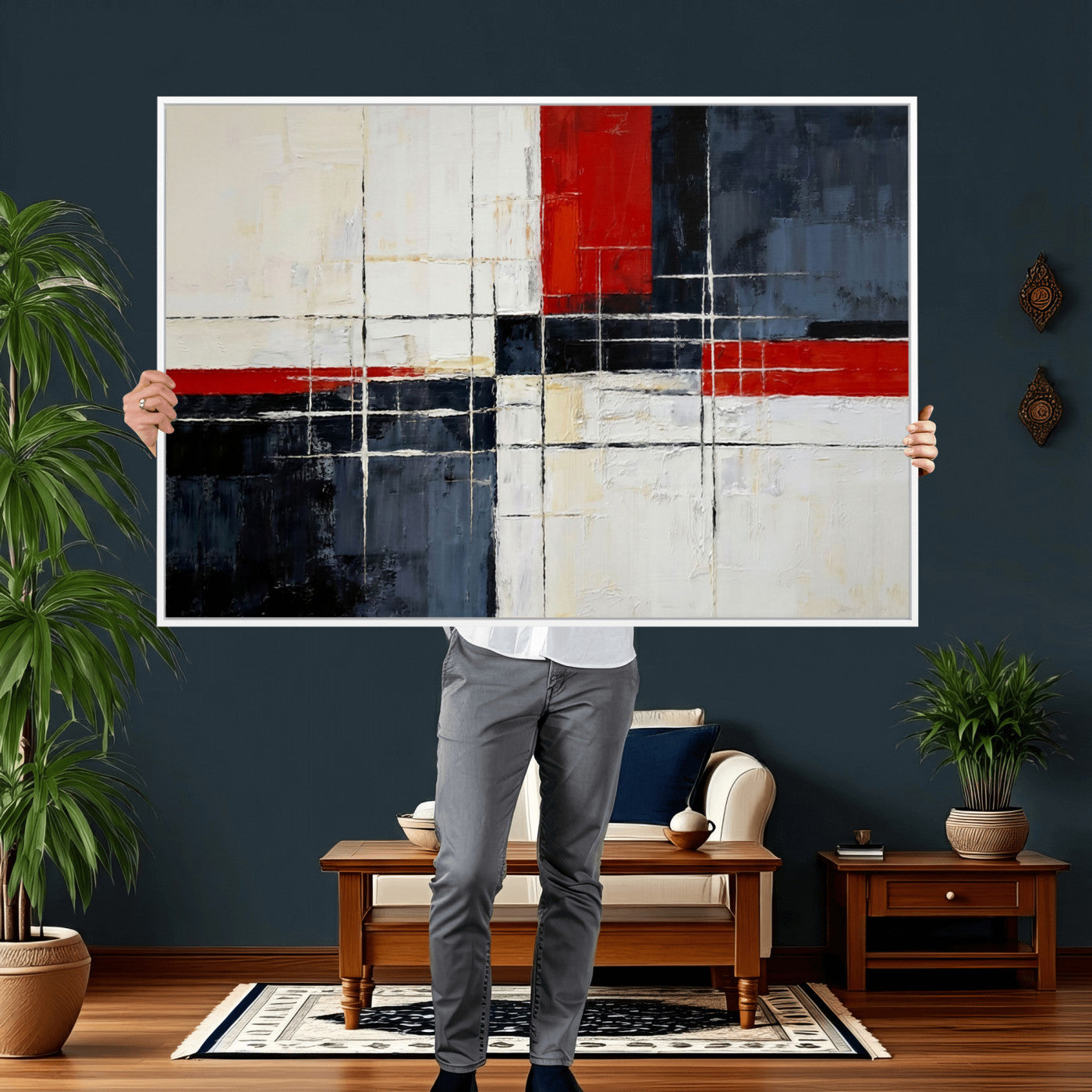 44088165-MGV-CV-36X24 - Navy Red Abstract Wall Art Canvas Print, Modern Luxury Geometric Painting Wall Decor for Living Room and Office