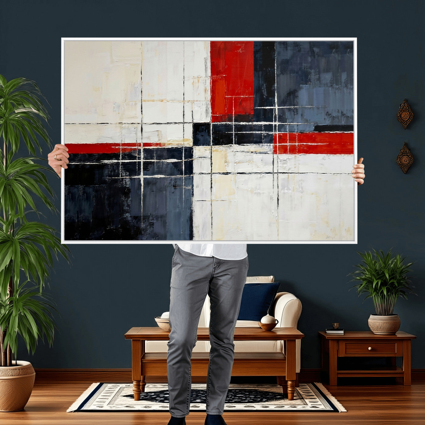 11921181-MGV-CV-36X24 - Navy Red Abstract Wall Art Canvas Print, Modern Luxury Geometric Painting Wall Decor for Living Room and Office