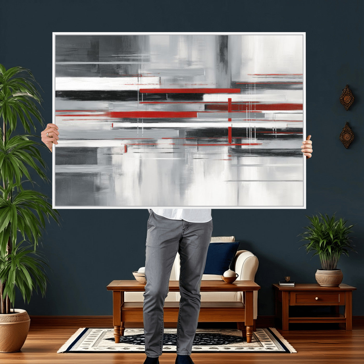 62640681-MGV-CV-36X24 - Gray Red Abstract Wall Art Canvas Print, Modern Abstract Canvas Wall Decor for Contemporary Living Room and Office