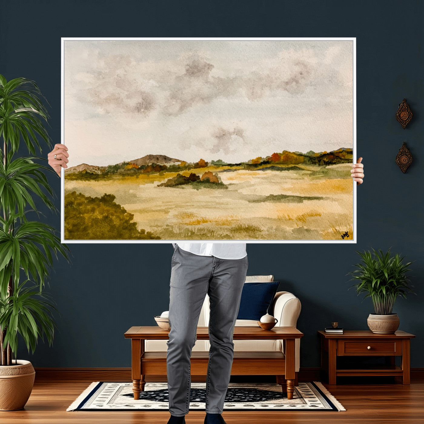 94151004-MGV-CV-36X24 - Watercolor Abstract Countryside Wall Art Canvas Print, Neutral Pastoral Landscape Painting Wall Decor for Modern Farmhouse Interiors