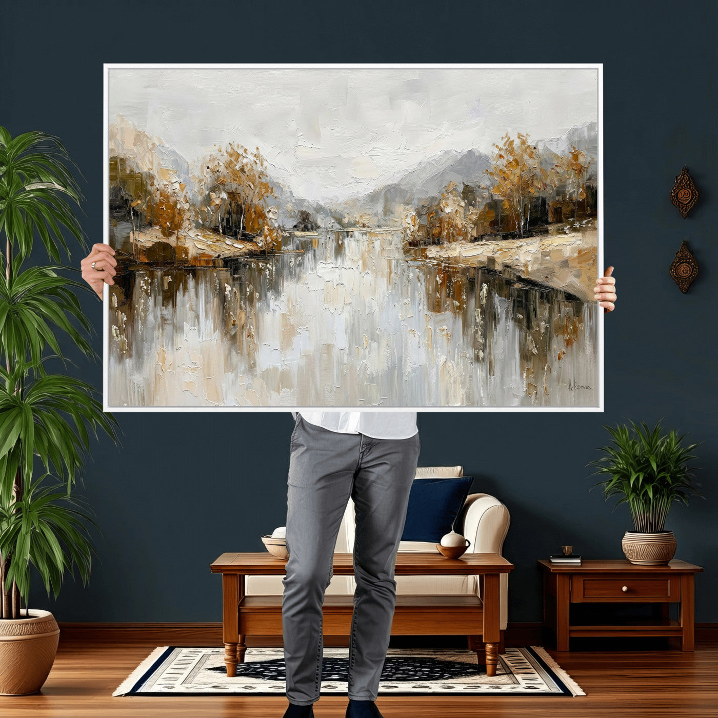 78227690-MGV-CV-36X24 - Neutral Abstract Lake Landscape Wall Art Canvas Print, Modern Minimal River Reflection Canvas Print, Beige Gray Contemporary Nature Art Printing