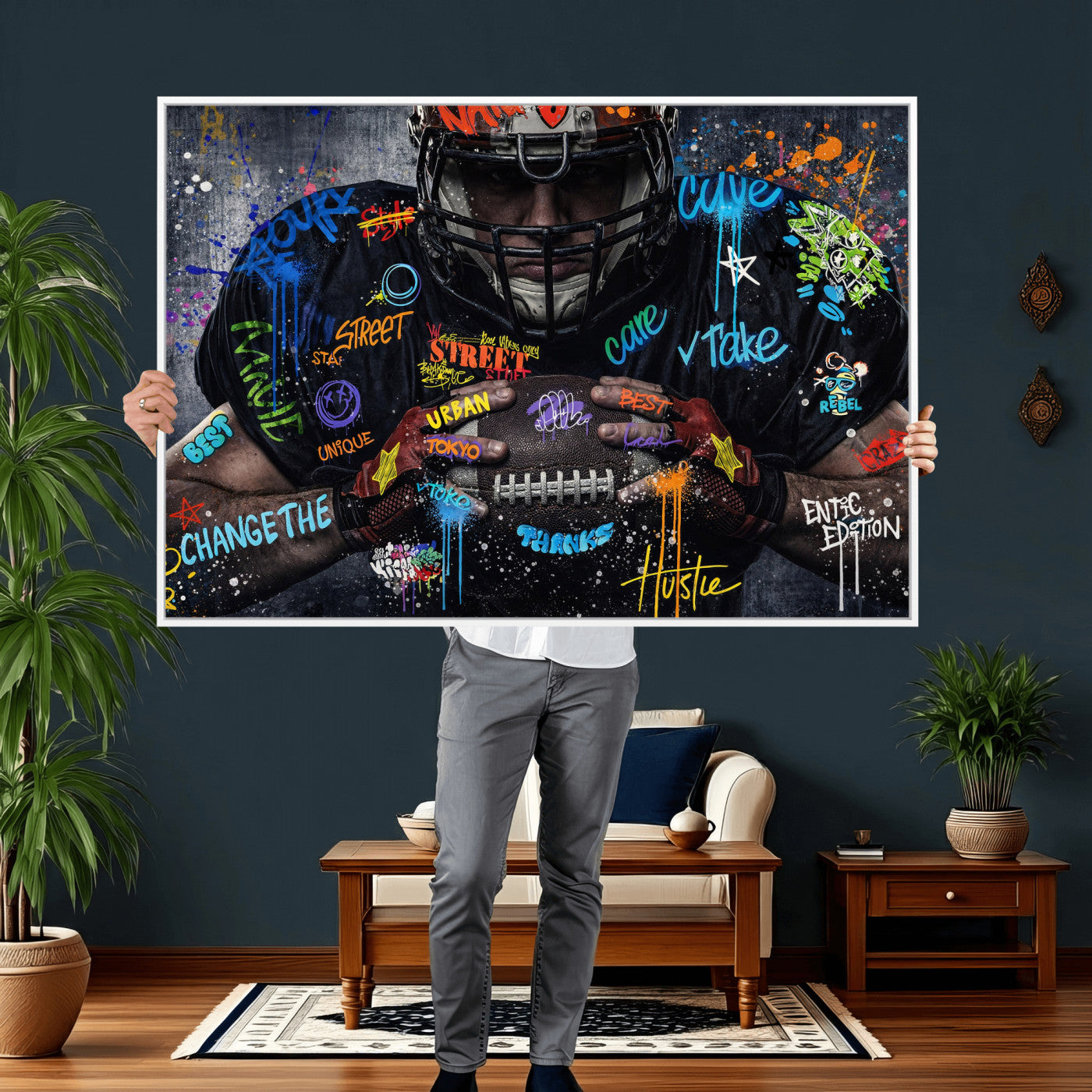 55267256-MGV-CV-36X24 - Graffiti American Football Player Street Art Wall Art Canvas Print, Urban Sports Pop Art Football Canvas Print, Modern Athletic Graffiti Contemporary Art Printing