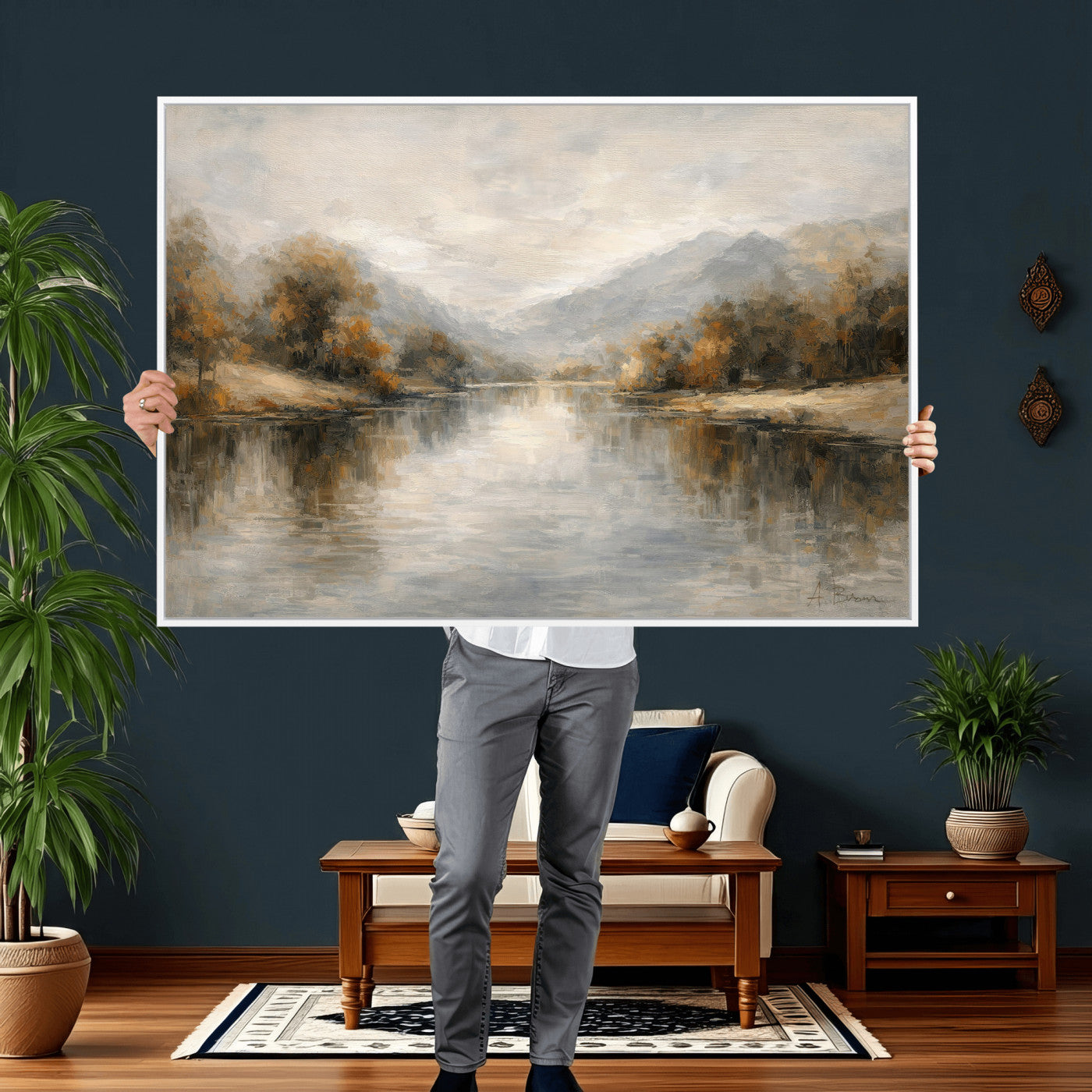 29251761-MGV-CV-36X24 - Neutral Abstract River Landscape Wall Art Canvas Print, Modern Minimal Nature Reflection Canvas Print, Beige Gray Contemporary Mountain Art Printing