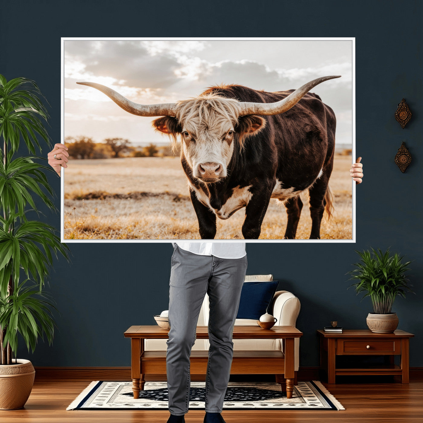 88230279-MGV-CV-36X24 - Texas Longhorn Bull Rustic Wall Art Canvas Print, Western Cattle Photography Canvas Print, Ranch Farm Animal Western Art Printing