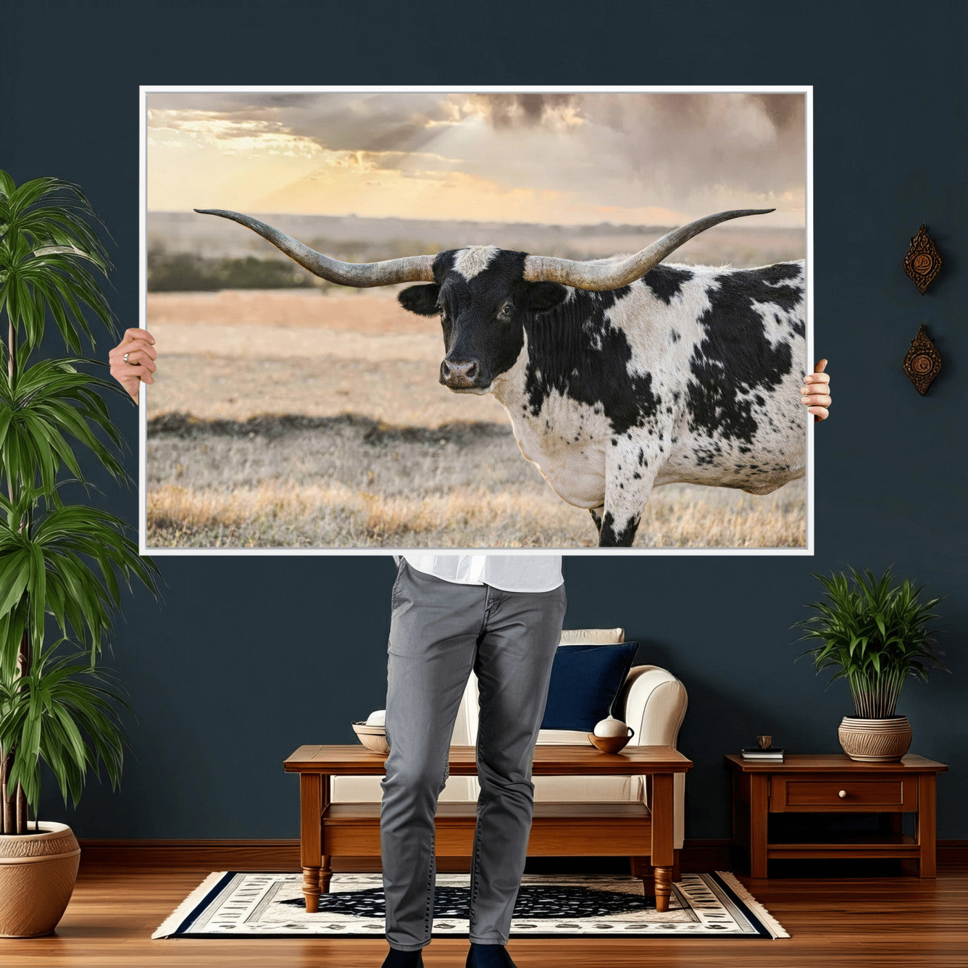 49350433-MGV-CV-36X24 - Texas Longhorn Bull Rustic Wall Art Canvas Print, Western Cattle Photography Canvas Print, Ranch Farm Animal Western Art Printing