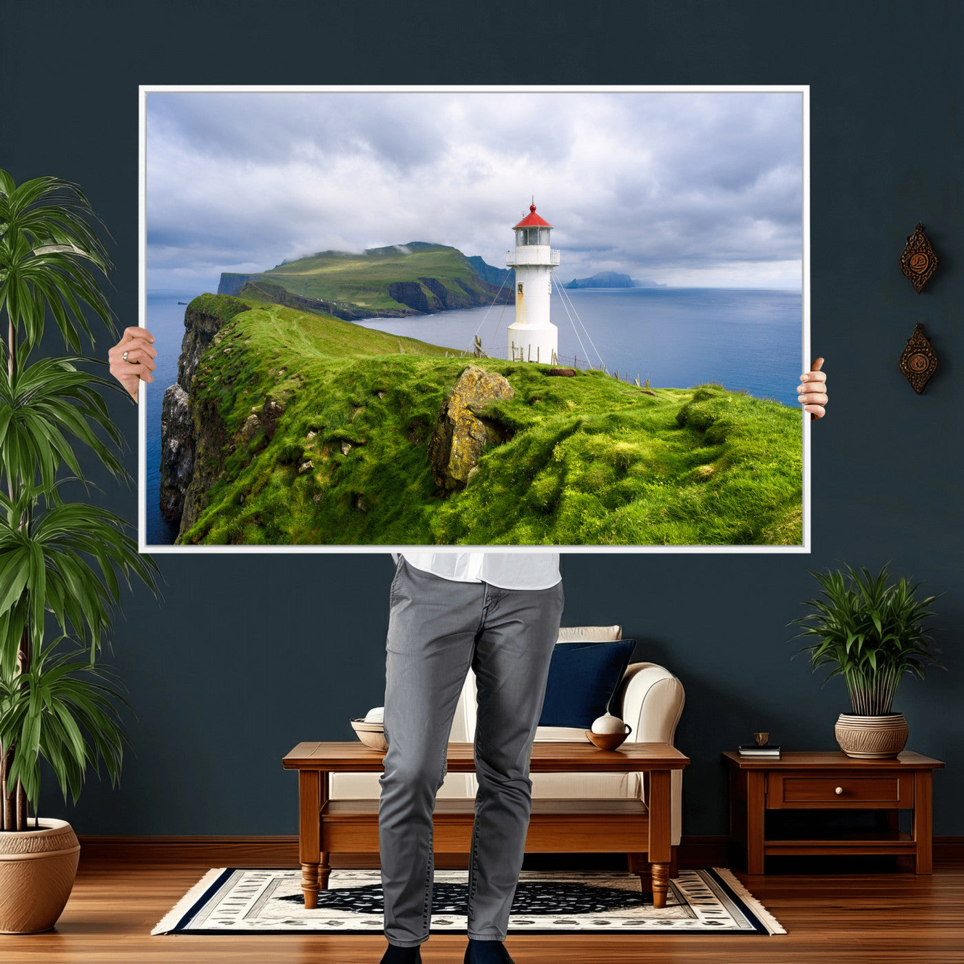 10680390-MGV-CV-36X24 - Coastal Lighthouse Wall Art Canvas Print, Cliffside Ocean Landscape Canvas Print, Scandinavian Coastal Decor for Living Room
