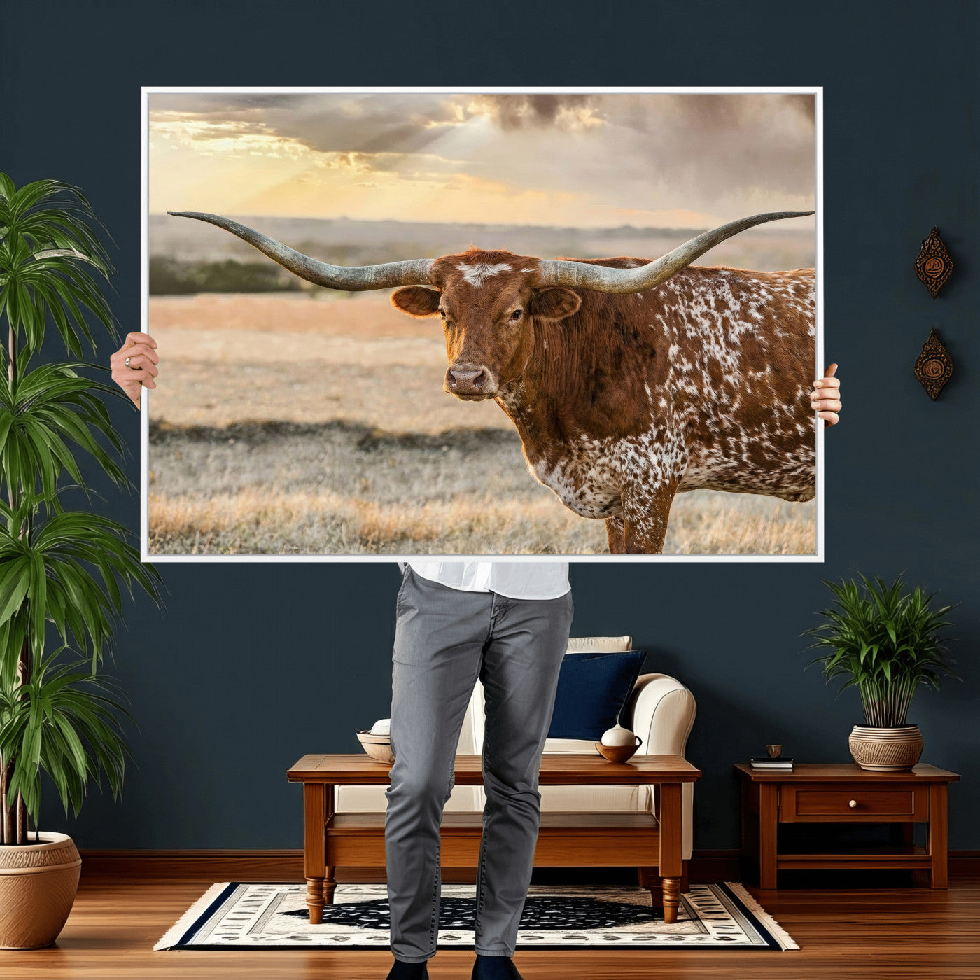 16502384-MGV-CV-36X24 - Texas Longhorn Wall Art Canvas Print, Western Ranch Bull Photography Canvas Print, Rustic Farmhouse Cattle Artwork for Living Room Decor