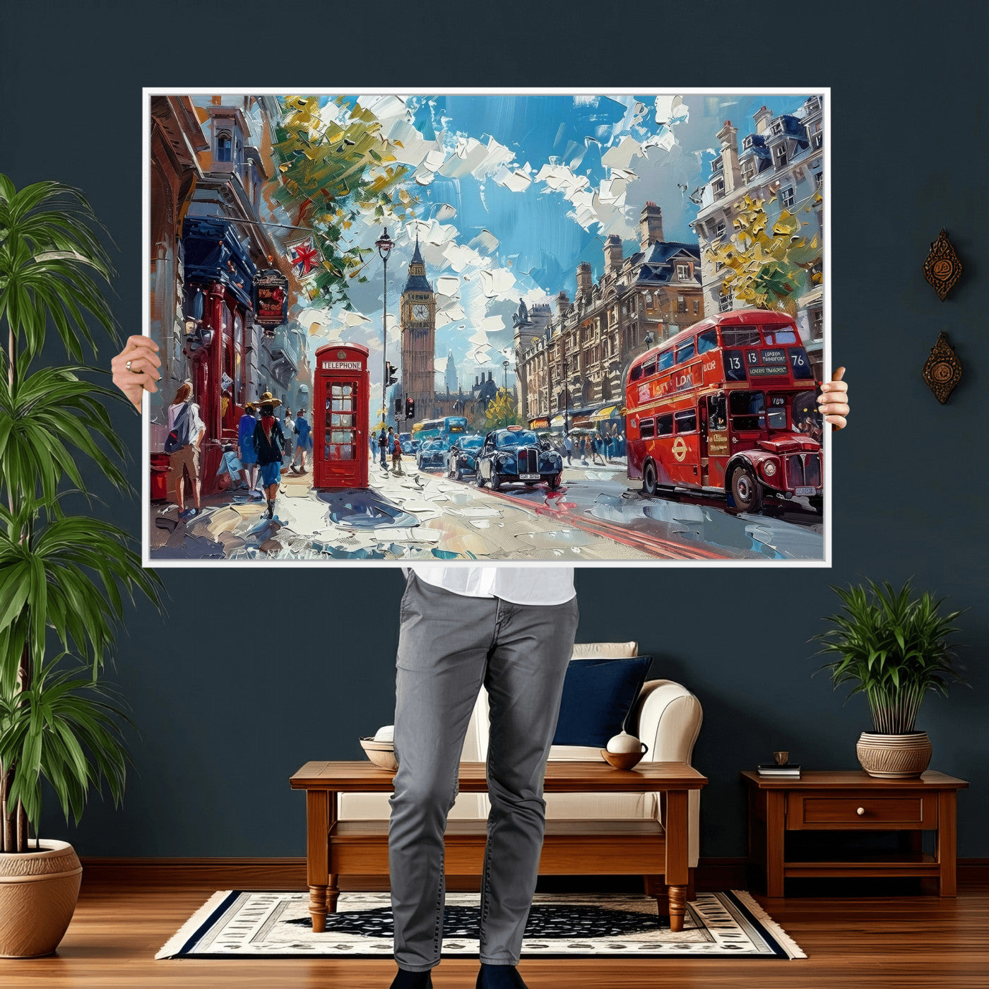 17630888-MGV-CV-36X24 - London Street Canvas Wall Art — Big Ben Red Bus Print | Oil Painting Style | UK City Wall Decor | Travel Art Gift | Living Room Print