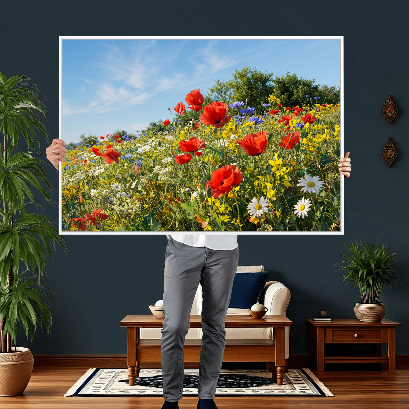 38570784-MGV-CV-36X24 - Wildflower Meadow Wall Art Canvas Print – Colorful Poppy and Daisy Field Landscape Artwork for Living Room Decor