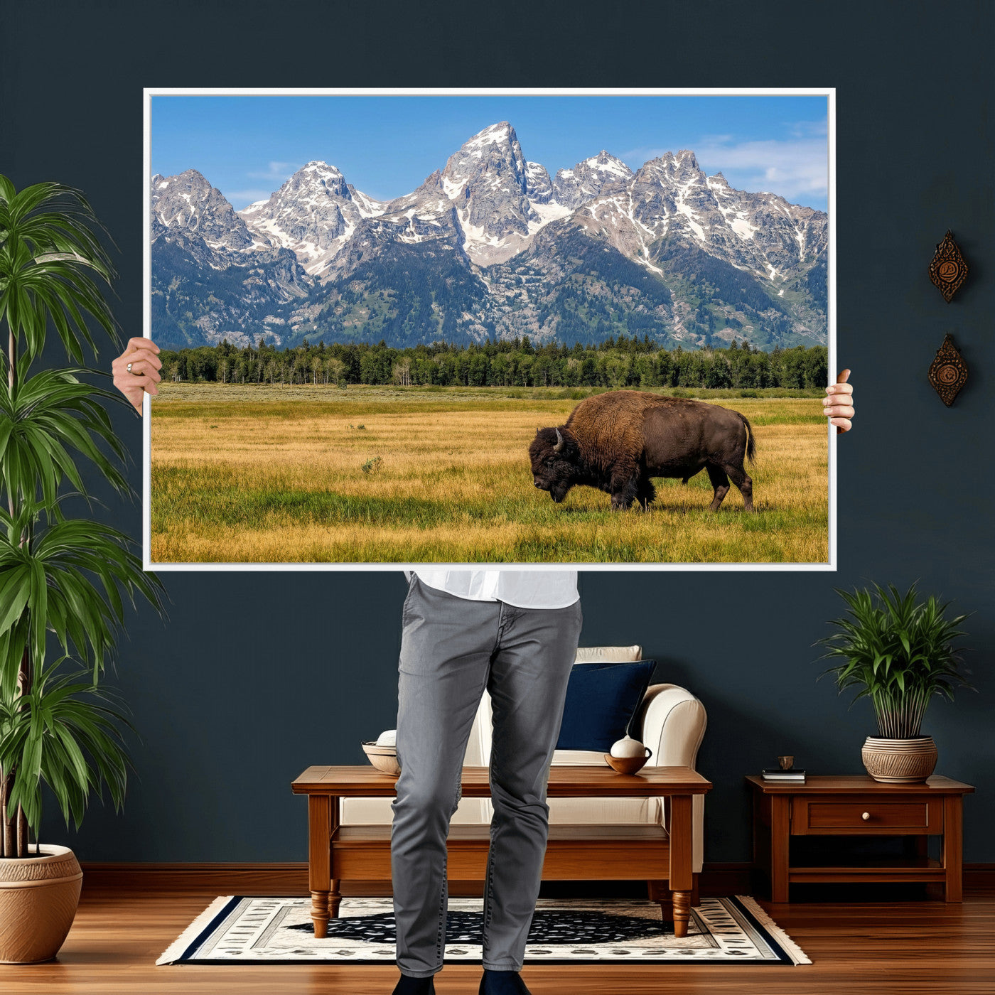 20424529-MGV-CV-36X24 - Bison in Mountain Landscape Wall Art Canvas Print – Western Wildlife Artwork for Rustic Living Room Decor