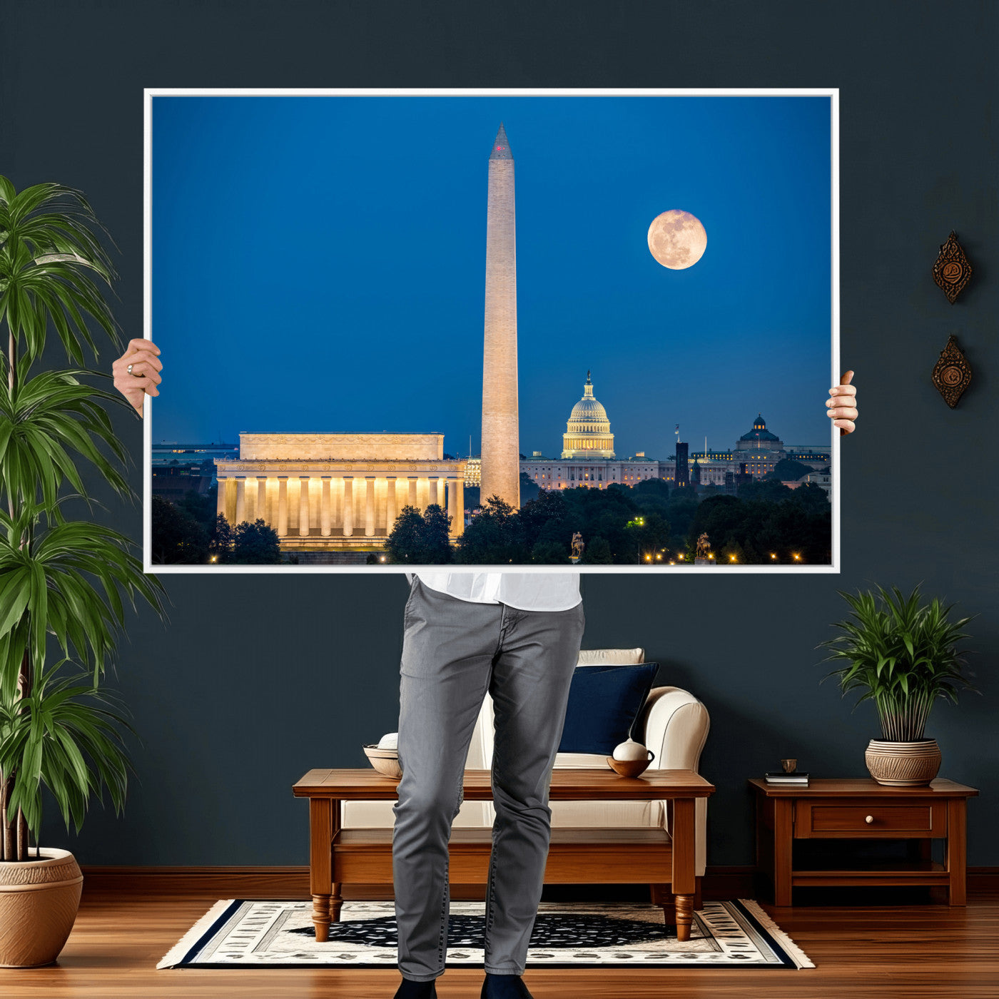 96712946-MGV-CV-36X24 - Washington DC Skyline Wall Art Canvas Print – Lincoln Memorial, Washington Monument and US Capitol Night Cityscape Artwork