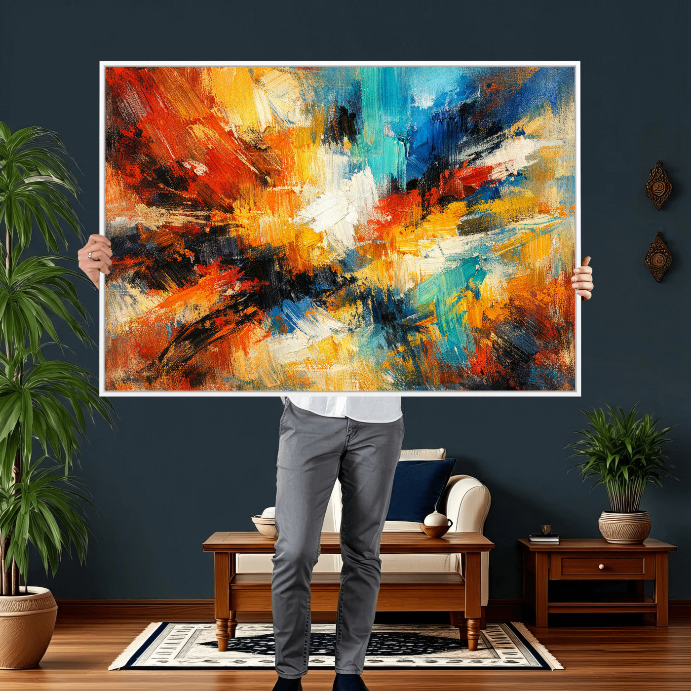 93167583-MGV-CV-36X24 - Geometric Abstract Wall Art Canvas Print, Orange Blue Abstract Expressionist Painting Print, Modern Geometric Abstract Canvas Art
