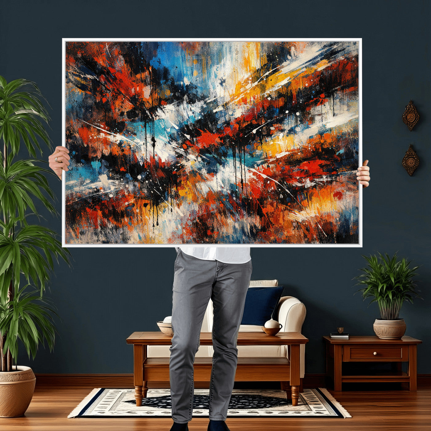 80276069-MGV-CV-36X24 - Geometric Abstract Wall Art Canvas Print, Orange Blue Abstract Expressionist Painting Print, Modern Geometric Abstract Canvas Art