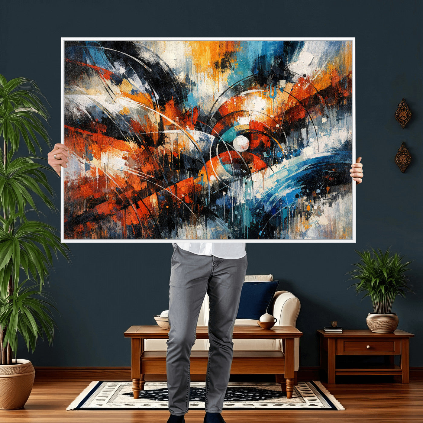 47120691-MGV-CV-36X24 - Geometric Abstract Wall Art Canvas Print, Orange Blue Abstract Expressionist Painting Print, Modern Geometric Abstract Canvas Art