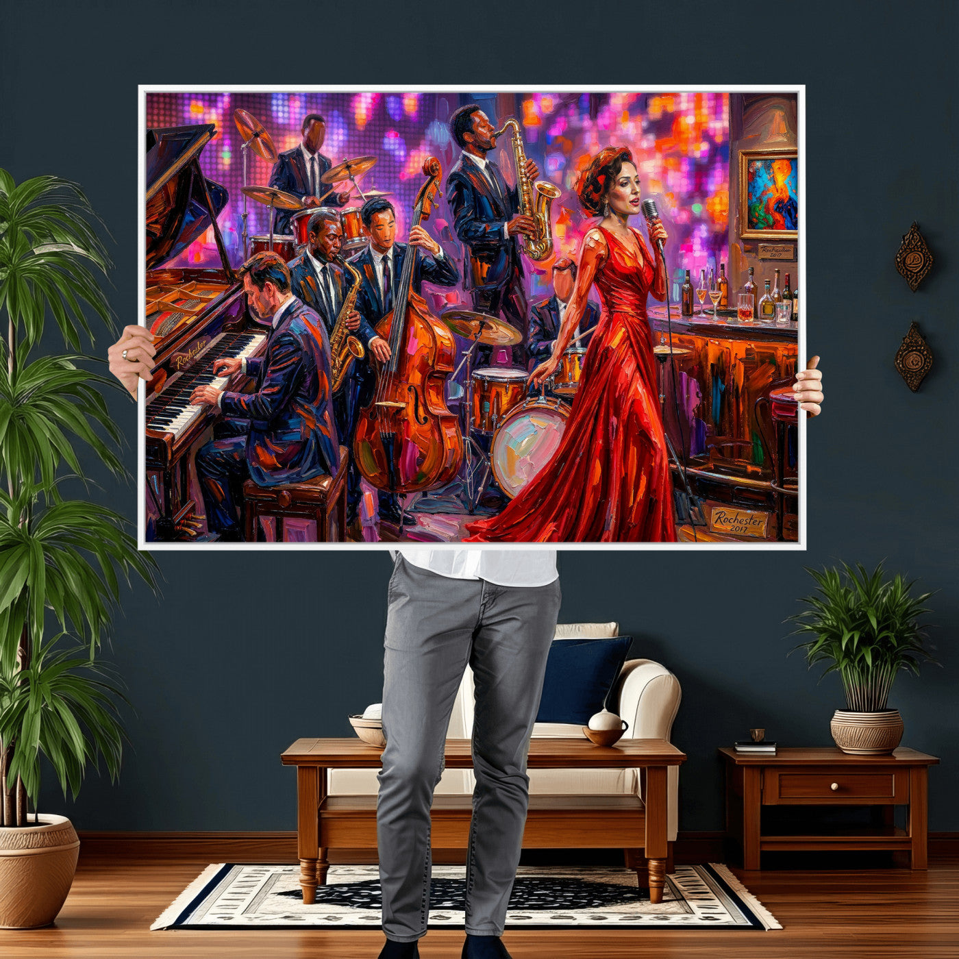 620930J20-MGV-CV-36X24 - Jazz Band Canvas Wall Art — Jazz Club Singer Saxophone Print | Music Wall Decor | Bar Restaurant Art | Music Lover Gift | Jazz Home Decor