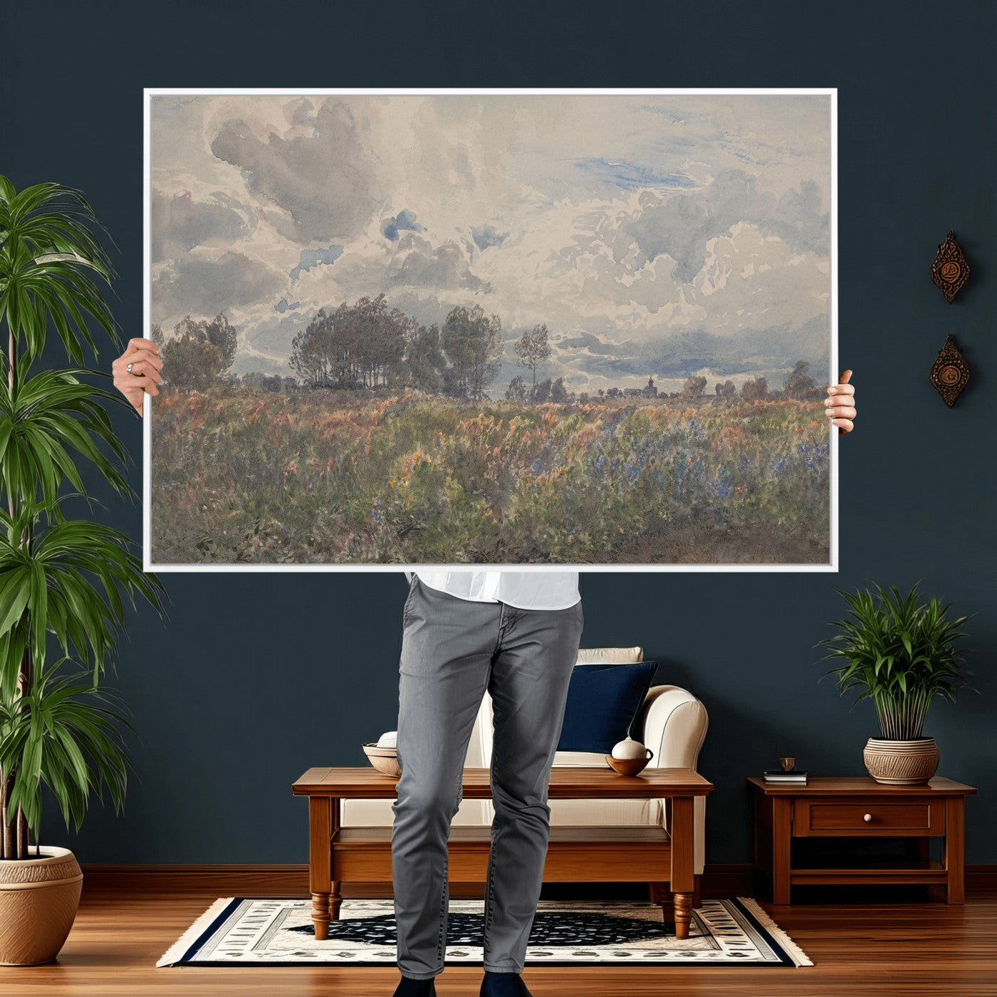 76626885-MGV-CV-36X24 - Vintage Watercolor Meadow Canvas Wall Art — English Pastoral Wildflower Storm Sky Print | Cottagecore Nature Decor | Classic Landscape Gift