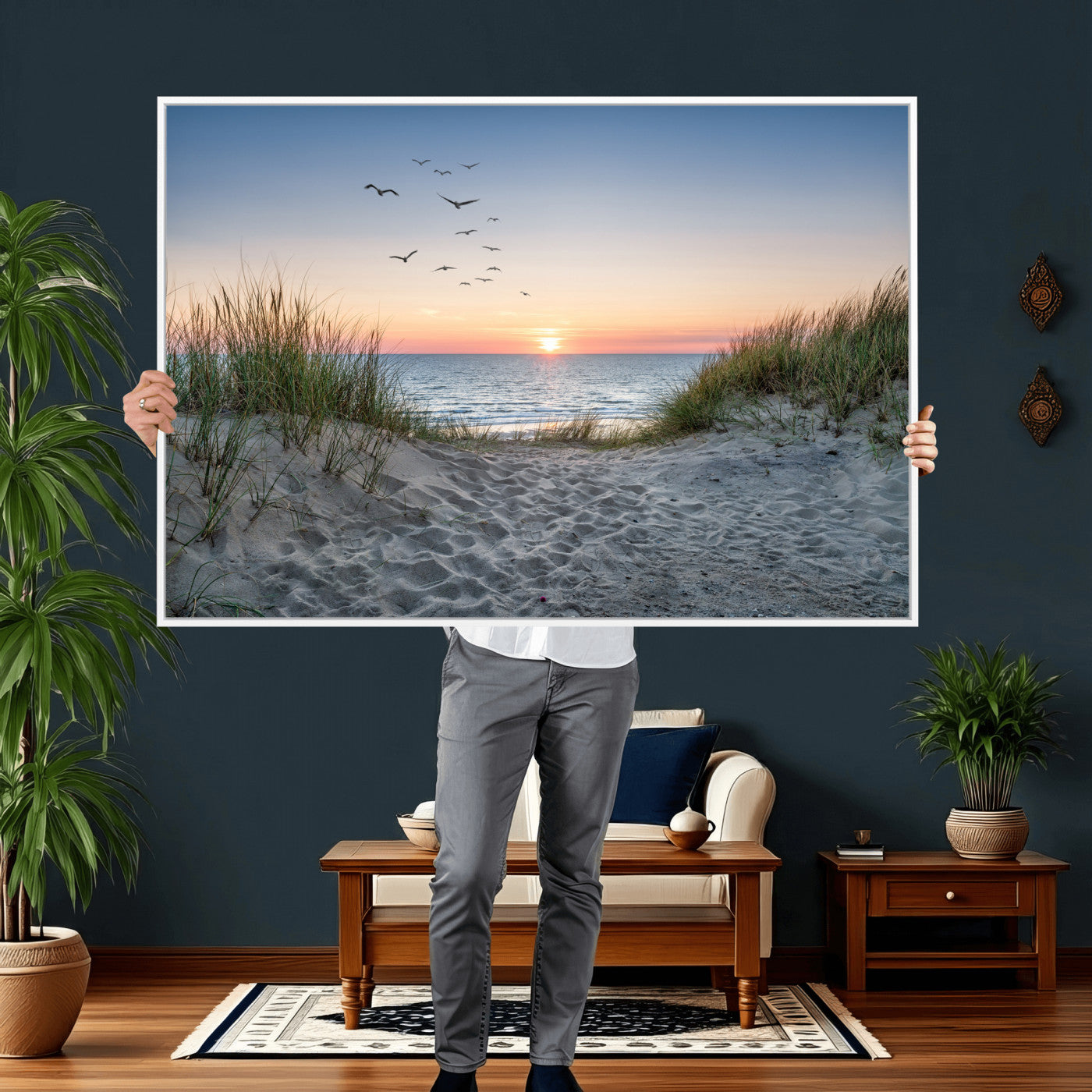 12172032-MGV-CV-36X24 - Sandy Dune Path Sunset Canvas Wall Art — Seagulls Beach Ocean Photography Print | Coastal Home Decor | Nautical Wall Art | Beach House Gift