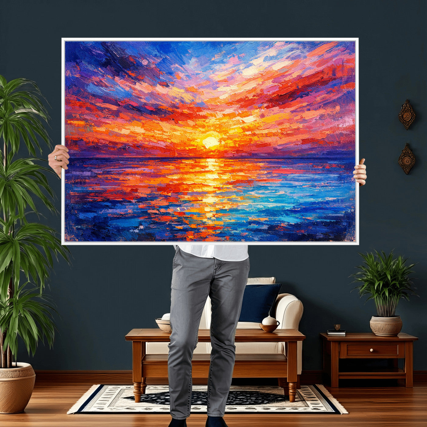 54915078-MGV-CV-36X24 - Colorful Knife Ocean Sunset Canvas — Orange Pink Teal Expressionist Sea Print | Colorful Coastal Wall Art | Vibrant Beach Decor Gift