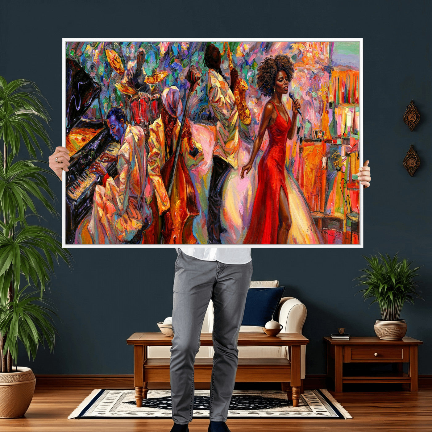 72615137-MGV-CV-36X24 - African American Jazz Singer Canvas Art - Red Dress Black Woman Music Print | Colorful Jazz Band Wall Decor | Living Room Gift for Her