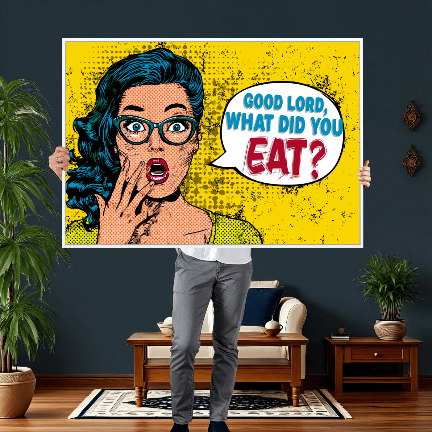 88217969-MGV-CV-36X24 - Pop Art Print Bathroom Sign Wall Art Canvas Print — Funny Bathroom Canvas | Comic Style Toilet Wall Decor | Humor Gift | Yellow Bold Bathroom Art