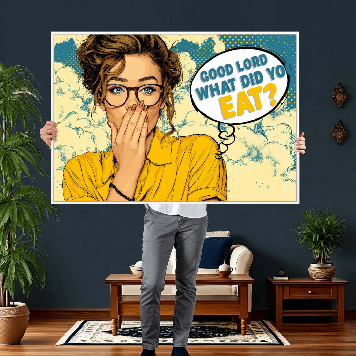 35819669-MGV-CV-36X24 - Pop Art Print Bathroom Sign Wall Art Canvas Print — Funny Bathroom Canvas | Comic Style Toilet Wall Decor | Humor Gift | Yellow Bold Bathroom Art