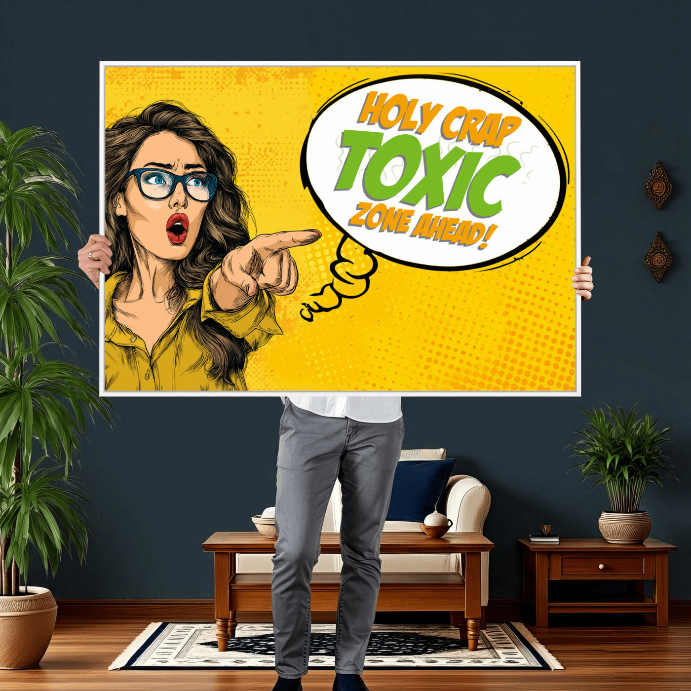 79156505-MGV-CV-36X24 - Pop Art Print Bathroom Sign Wall Art Canvas Print — Funny Bathroom Canvas | Comic Style Toilet Wall Decor | Humor Gift | Yellow Bold Bathroom Art