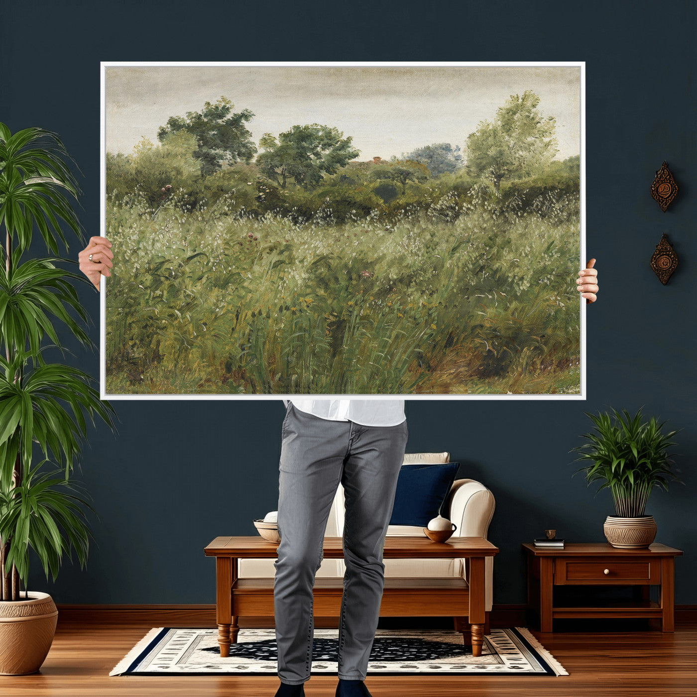 92328261-MGV-CV-36X24 - Wildflower Meadow Canvas Wall Art, Impressionist Overgrown Field Painting Print, Vintage Green Nature Decor, Cottagecore Botanical Art, Living Room Print