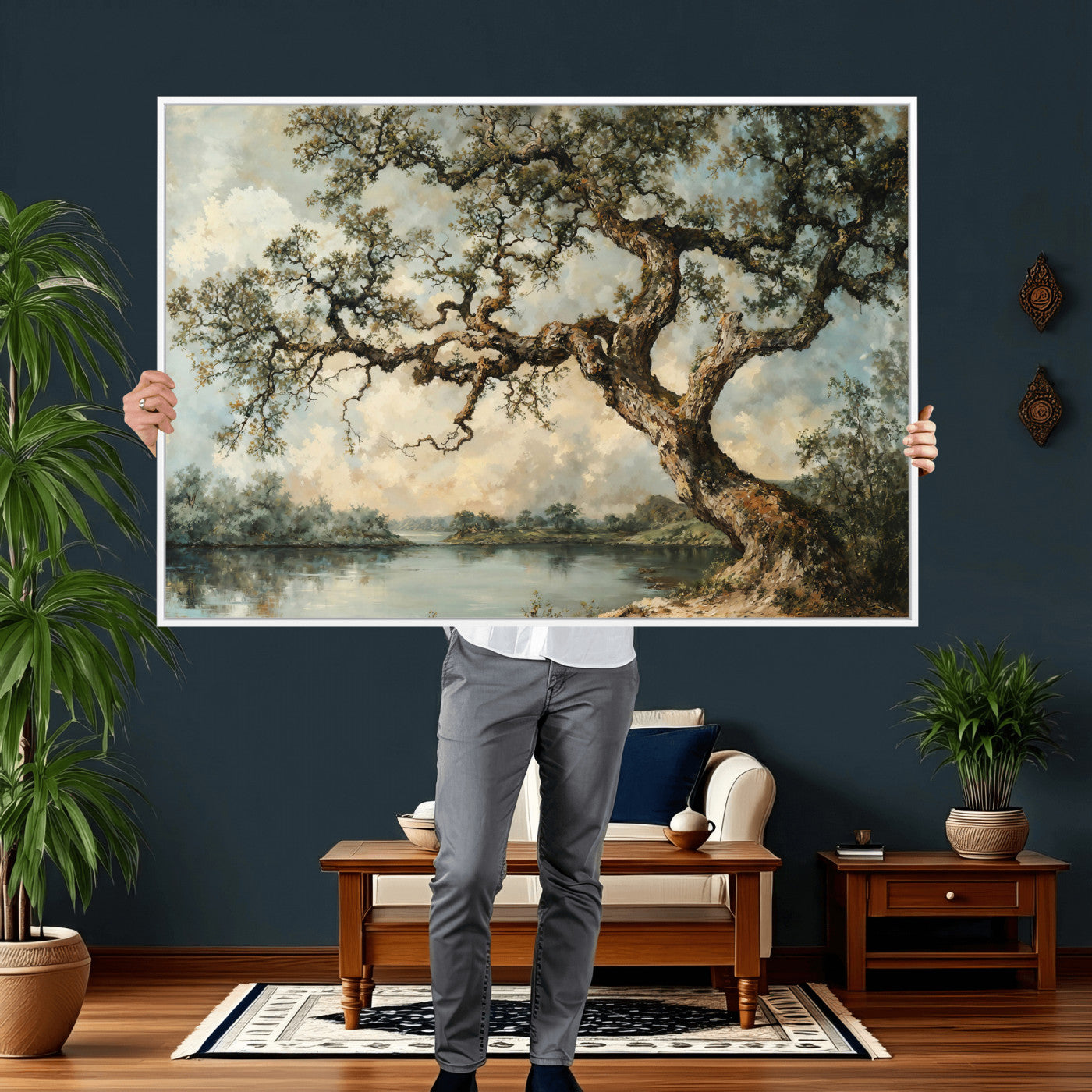 63857726-MGV-CV-36X24 - Old Oak Tree Canvas Wall Art, Turner Inspired Romantic Landscape Print, Vintage Nature Painting, Living Room Wall Decor, Antique Style Tree Art