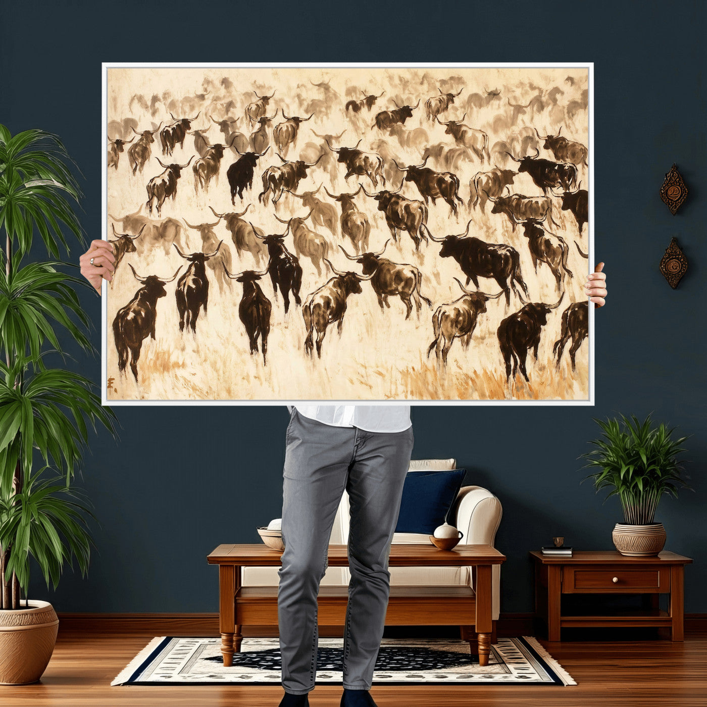 39077774-MGV-CV-36X24 - Texas Longhorn Sepia Canvas Wall Art, Western Cattle Stampede Painting Print, Warm Amber Ranch Decor, Rustic Cowboy Home Art, Large Living Room Decor