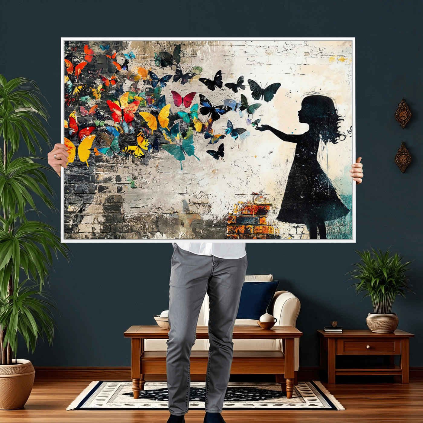 33909022-MGV-CV-36X24 - Banksy Butterfly Girl Wall Art Canvas Print, Framed Street Art Silhouette Graffiti Artwork, Colorful Butterfly Wall Decor for Living Room Bedroom Office