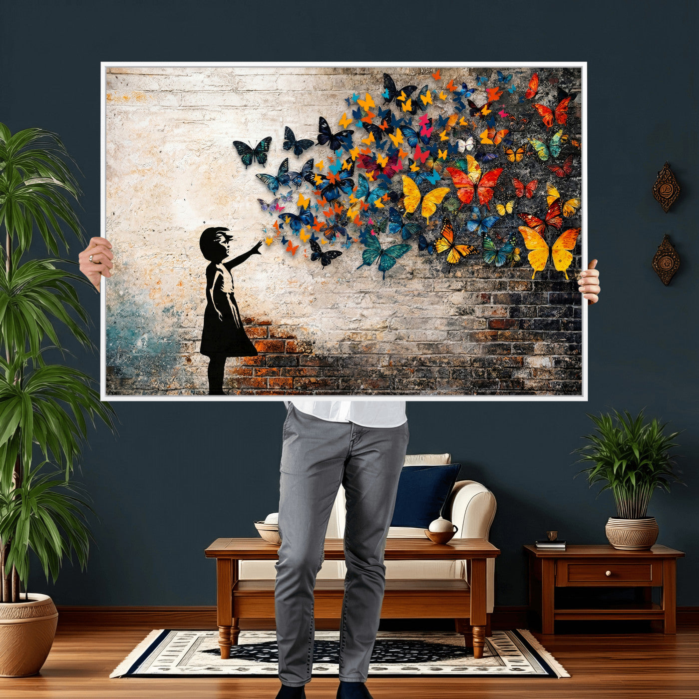 78760384-MGV-CV-36X24 - Banksy Graffiti Butterfly Girl Wall Art Canvas Print, Framed Street Art Canvas Print, Silhouette Butterfly Wall Art for Living Room Bedroom Office
