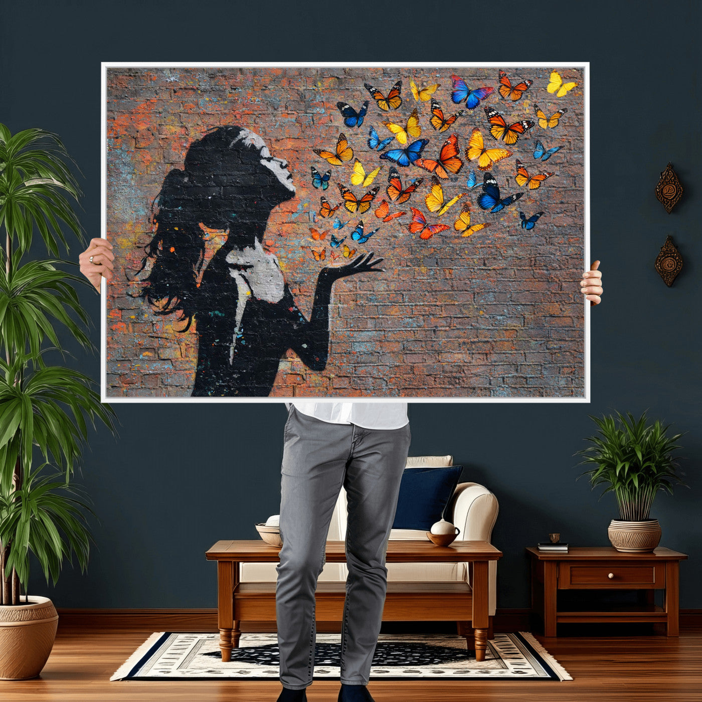 10555939-MGV-CV-36X24 - Urban Banksy Butterfly Girl Wall Art Canvas Print, Framed Street Art Canvas Print, Graffiti Silhouette Butterfly Wall Art for Living Room Bedroom Office
