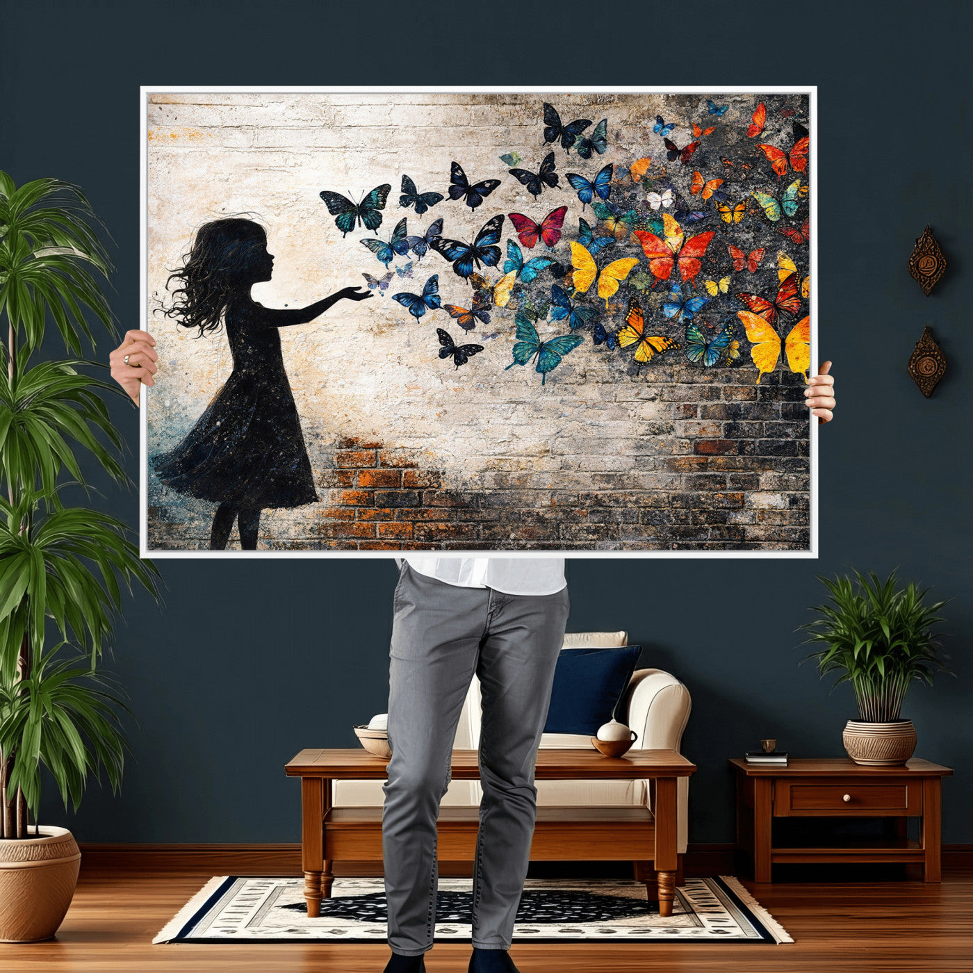 70522594-MGV-CV-36X24 - Banksy Butterfly Girl Wall Art Canvas Print, Framed Street Art Canvas Print, Graffiti Silhouette Butterfly Wall Art for Living Room Bedroom Office